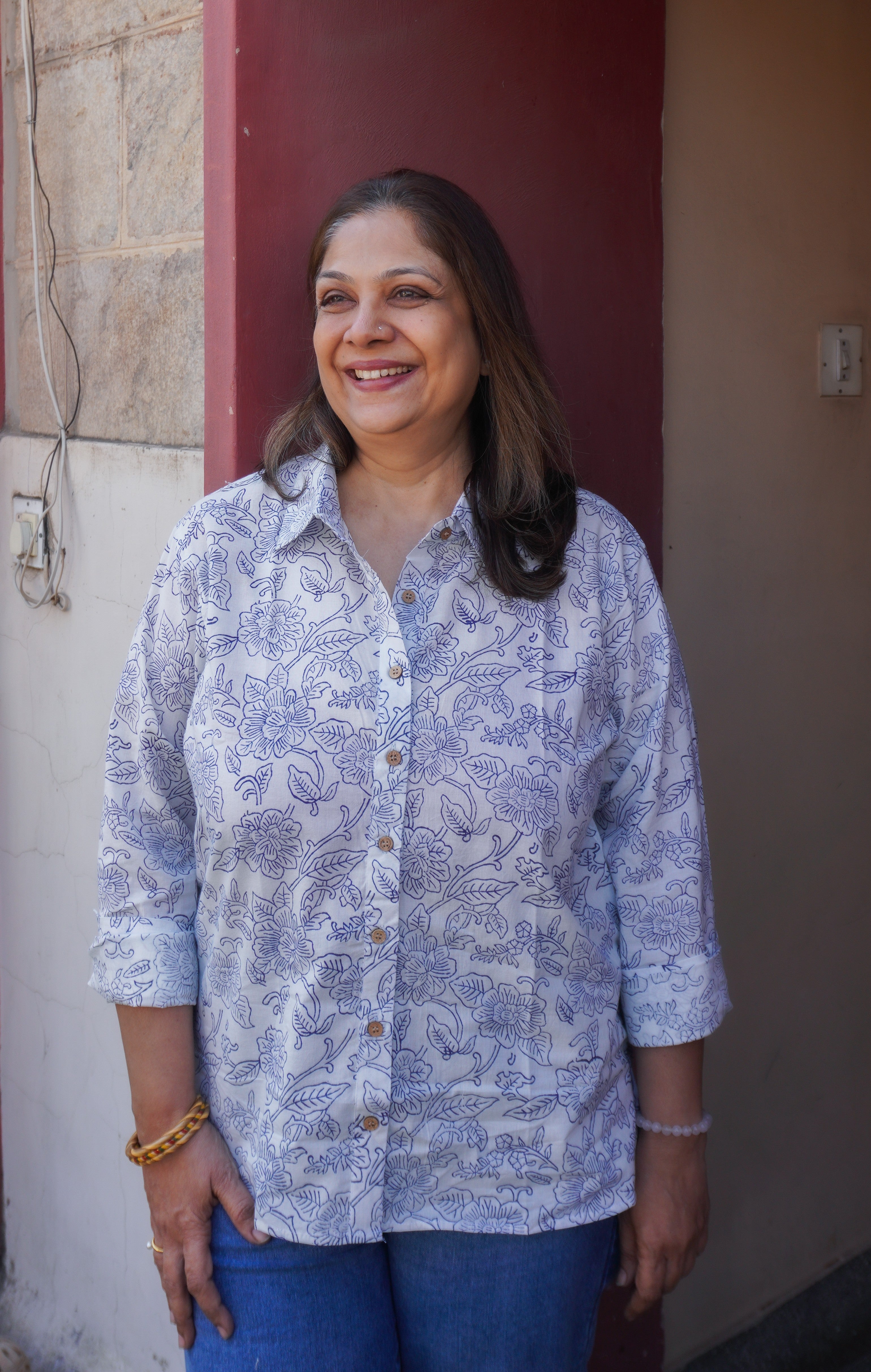 Indigo Floral Block Print Cotton Shirt