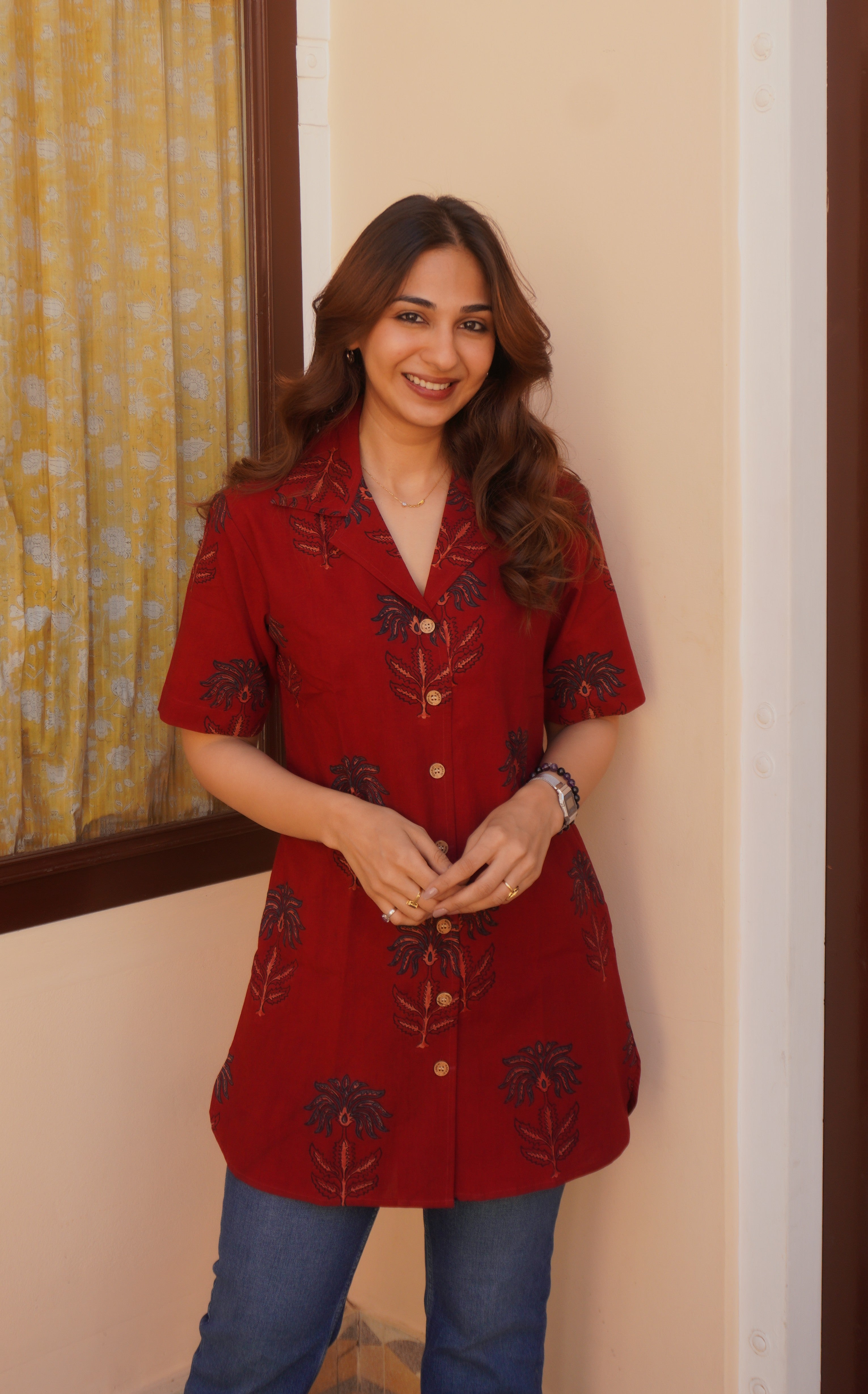 Red Indigo Floral Handblock Cotton Shirt Kurti