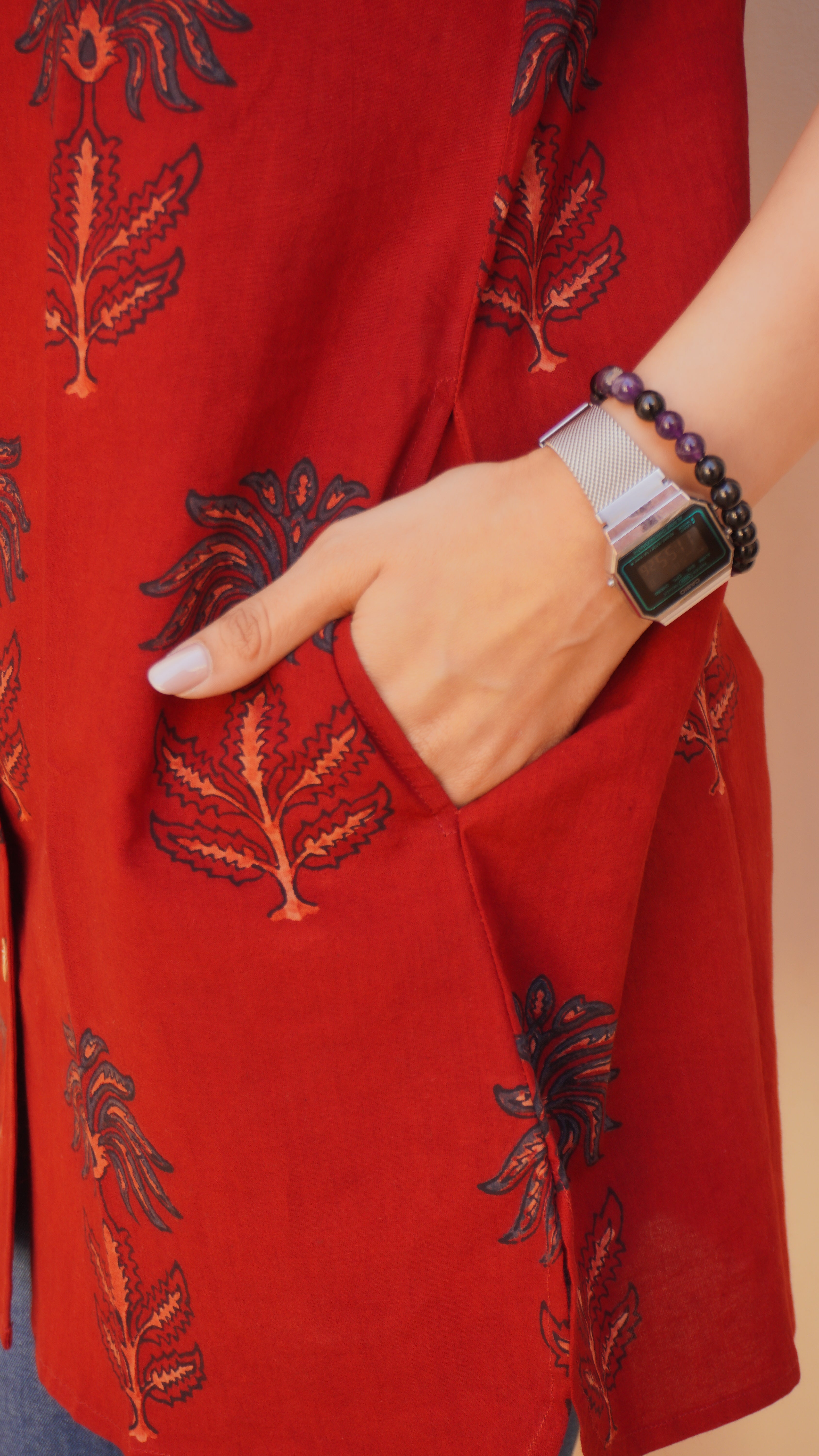Red Indigo Floral Handblock Cotton Shirt Kurti