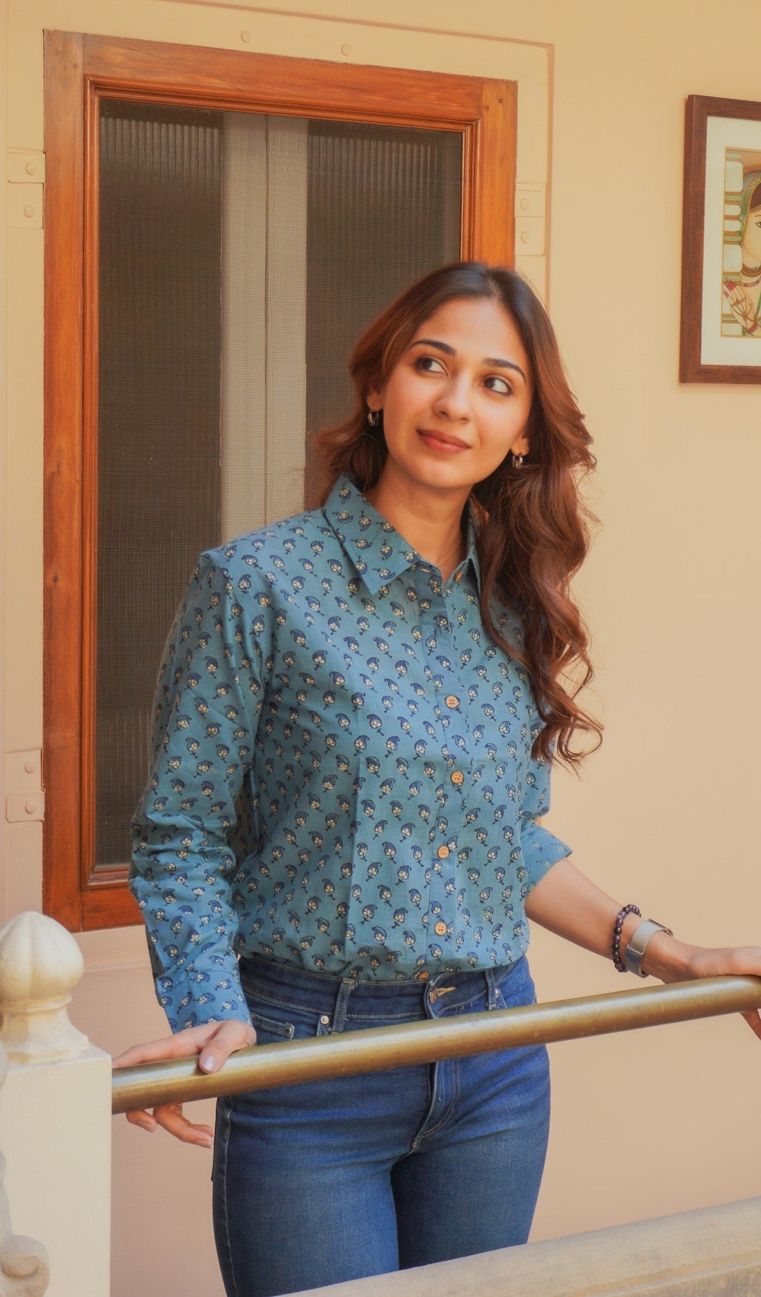 Indigo Ajrakh Floral Handblock Cotton Shirt