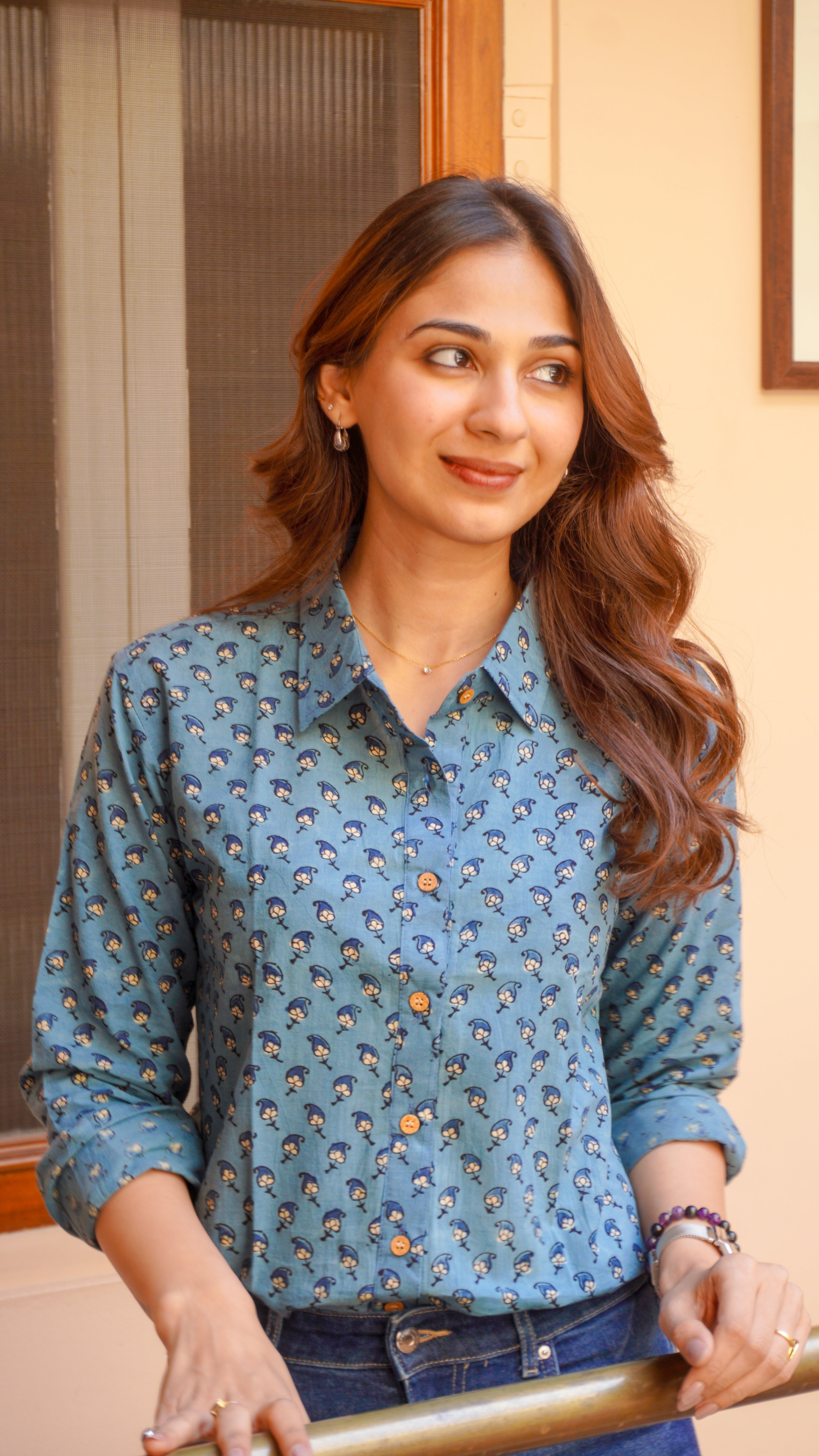 Indigo Ajrakh Floral Handblock Cotton Shirt
