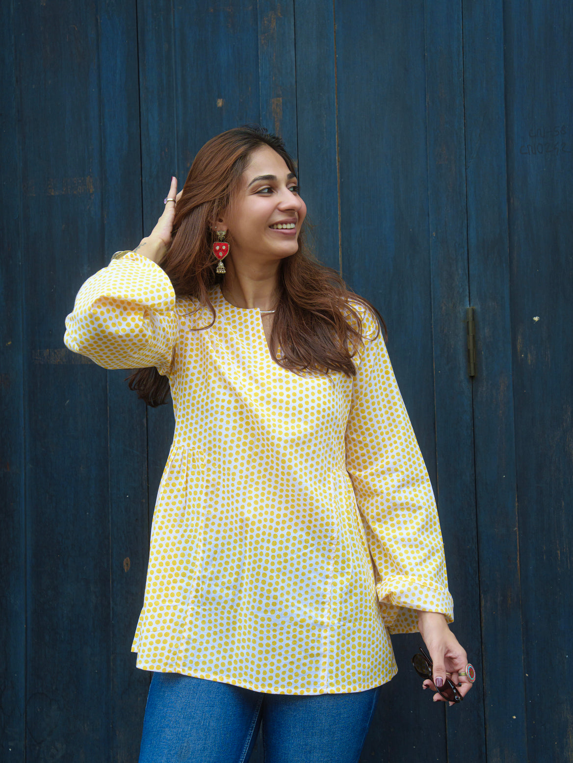 Yellow Polka Bell Sleeves Cotton Short Top