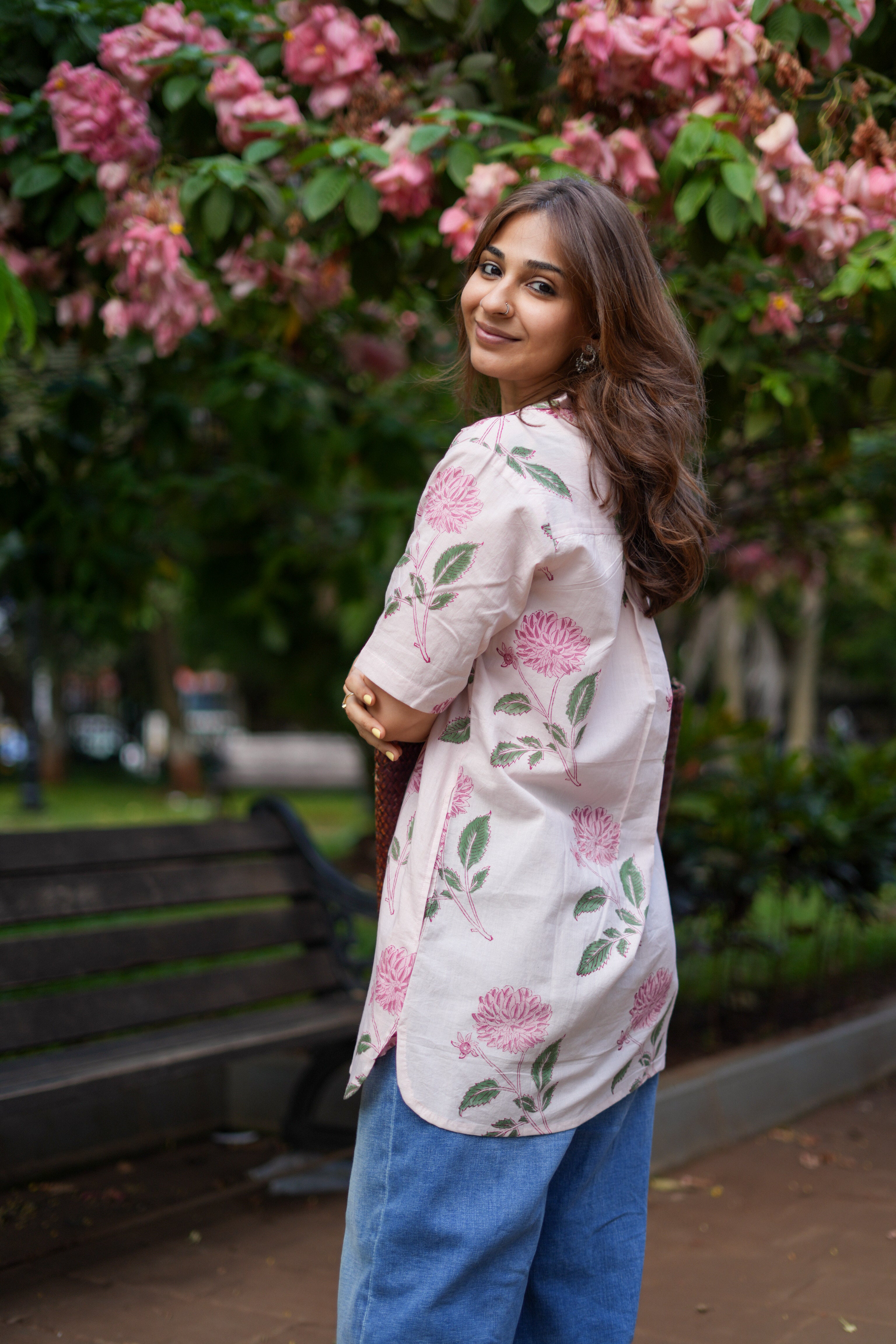 Pink Blossom Handblock Cotton Shirt Kurti