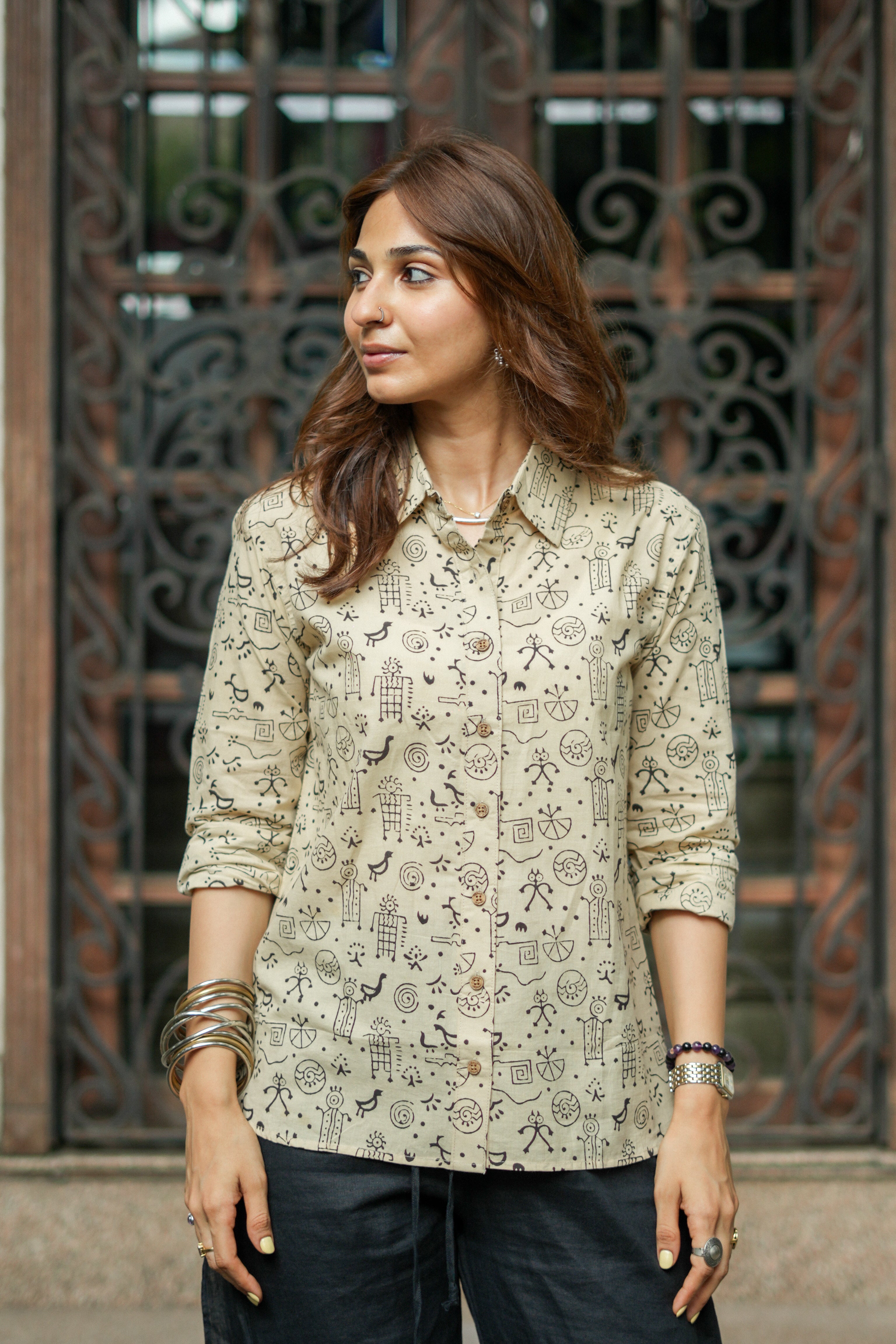 Beige Black Warli Art Handblock Cotton Shirt