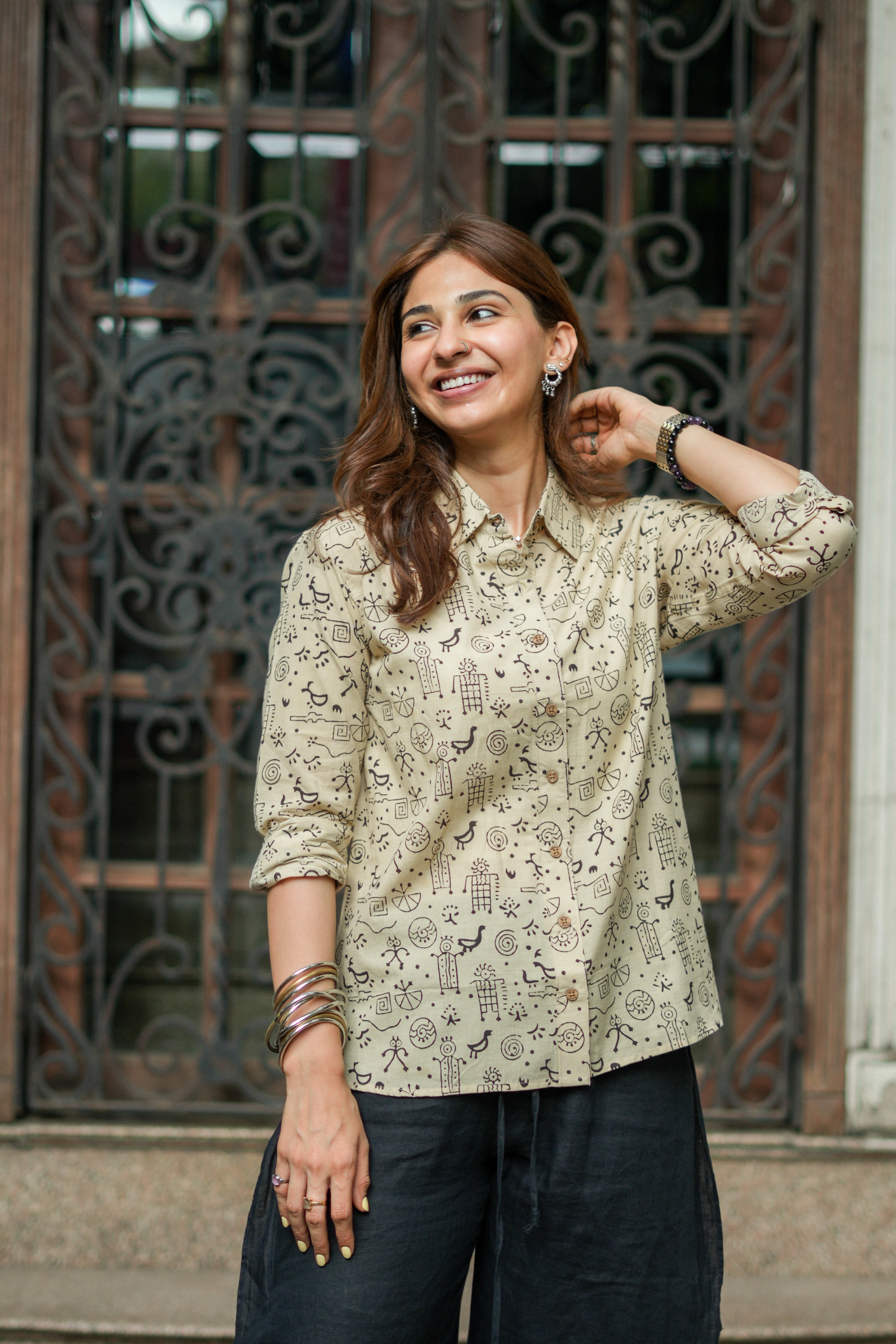 Beige Black Warli Art Handblock Cotton Shirt