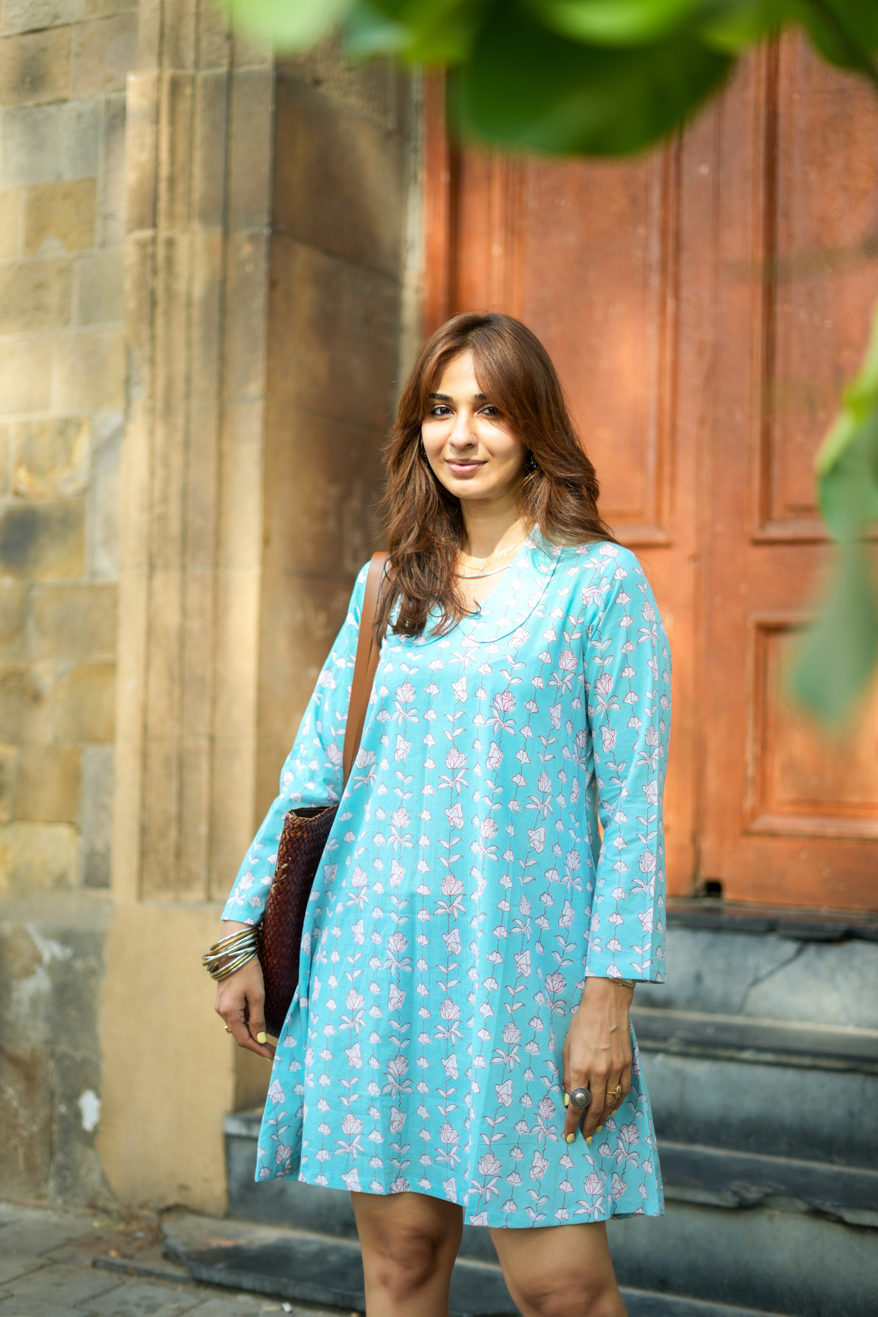 Sky Blue Floral Handblock Cotton A Line Dress