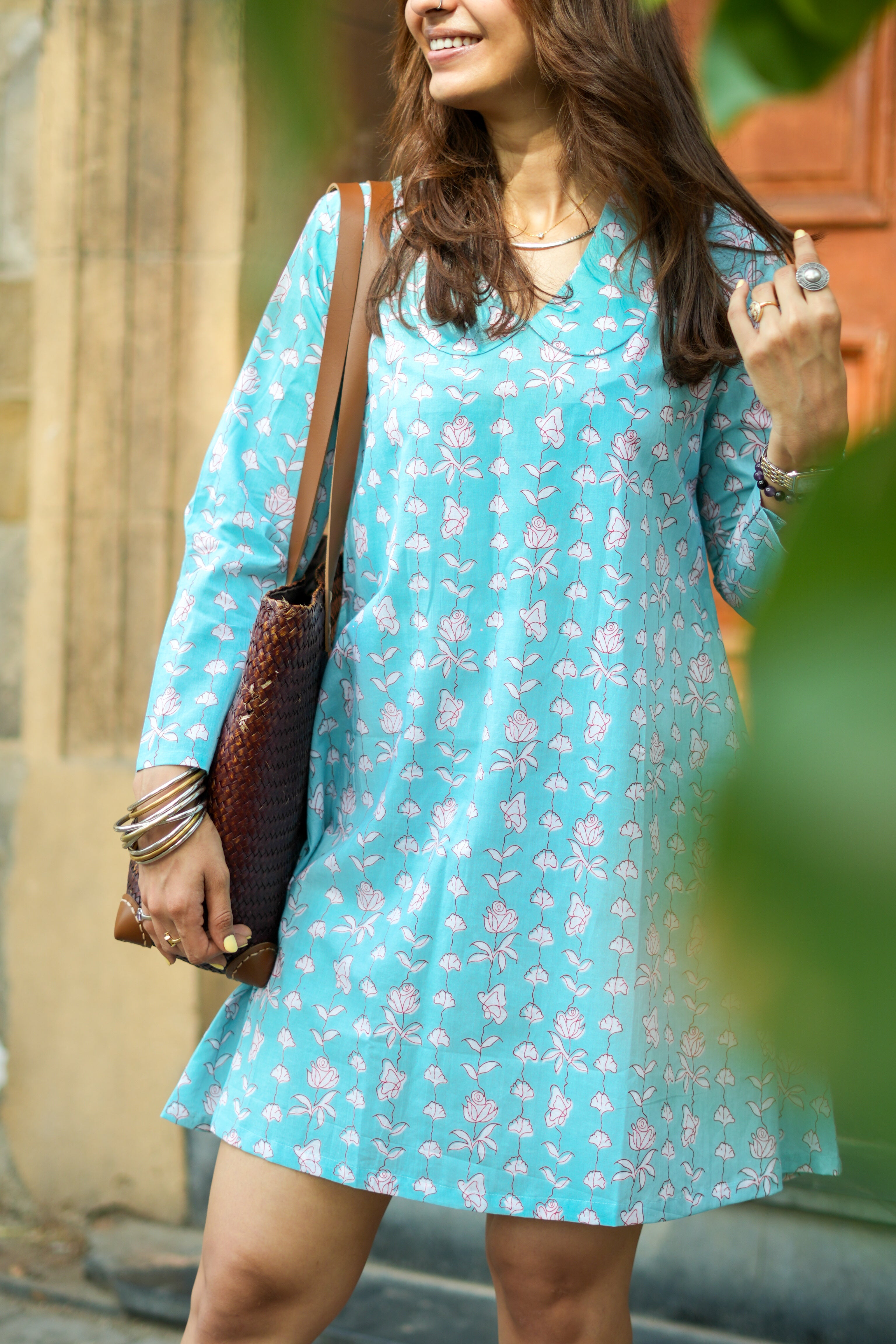 Sky Blue Floral Handblock Cotton A Line Dress
