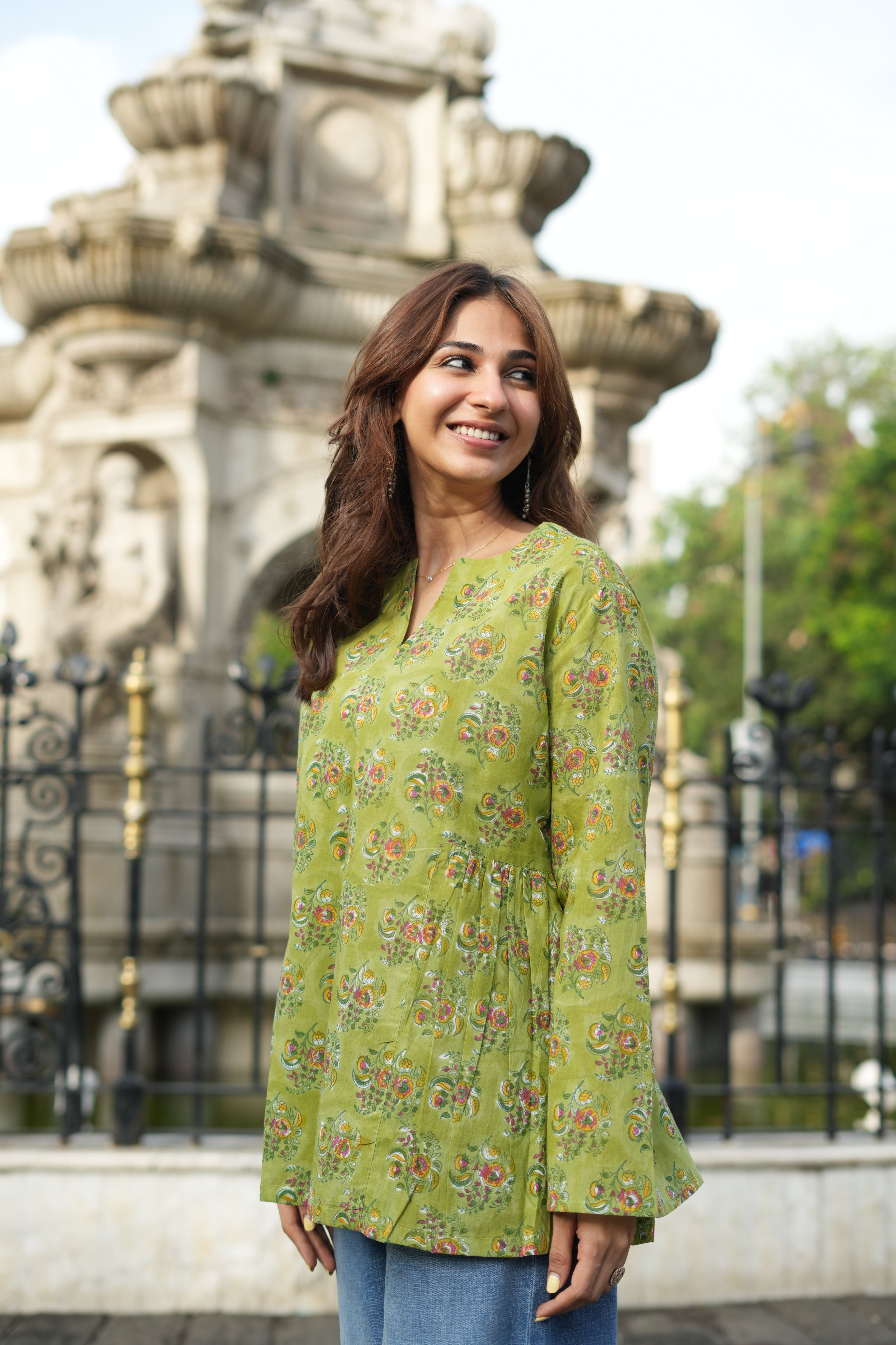 Bagru Greens Bell Sleeves Cotton Short Top