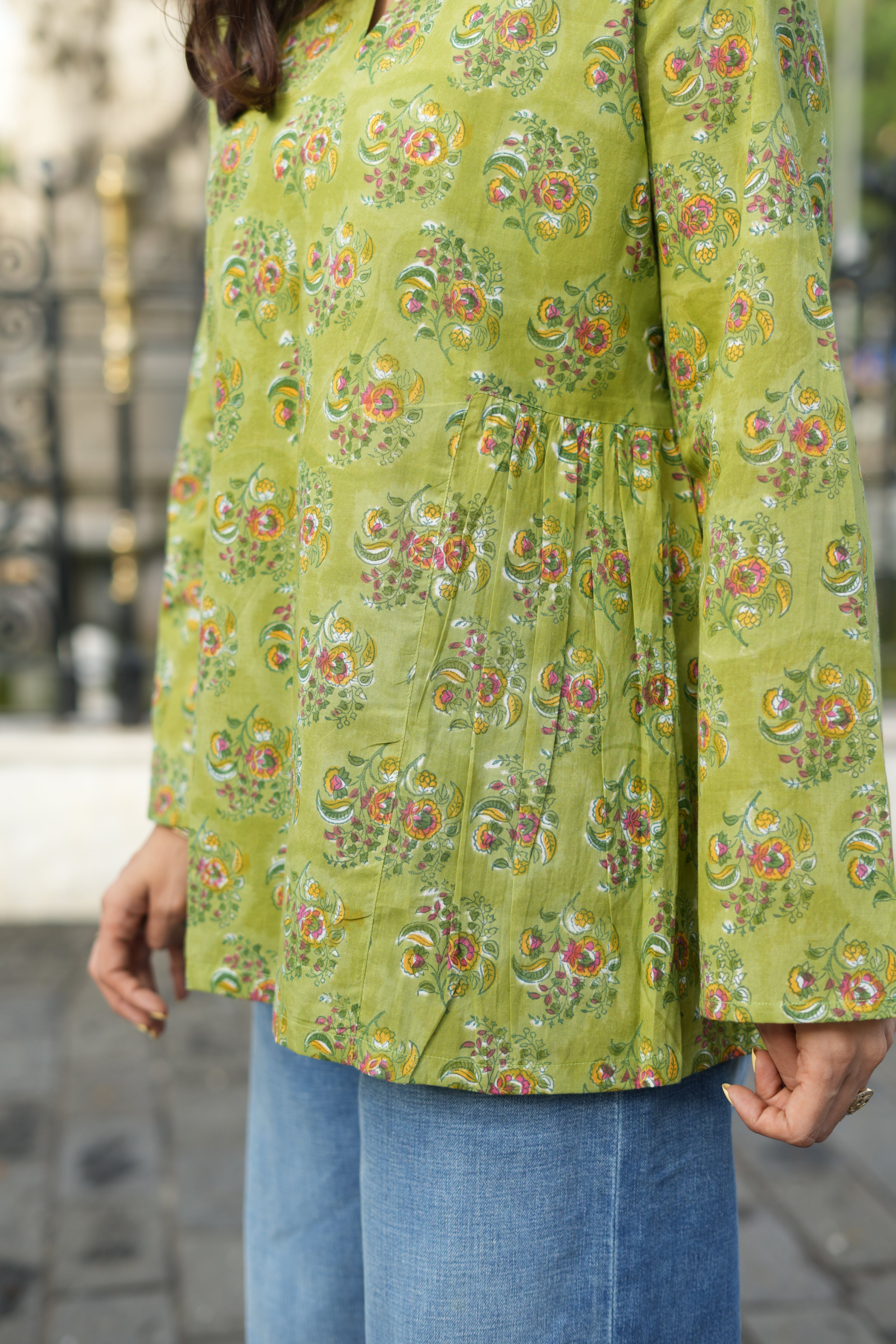 Bagru Greens Bell Sleeves Cotton Short Top