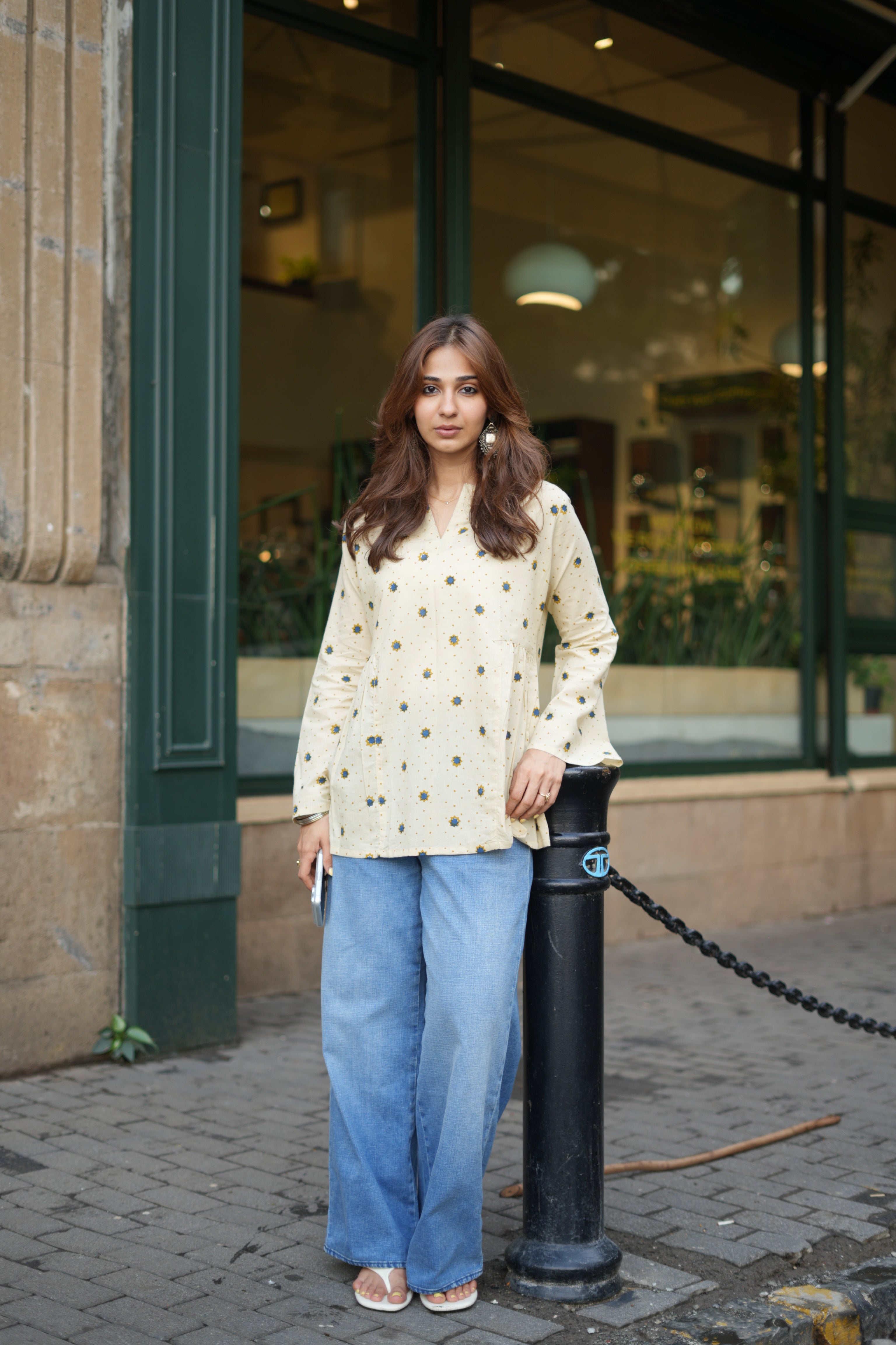 Cream Bagru Star Bell Sleeves Cotton Short Top