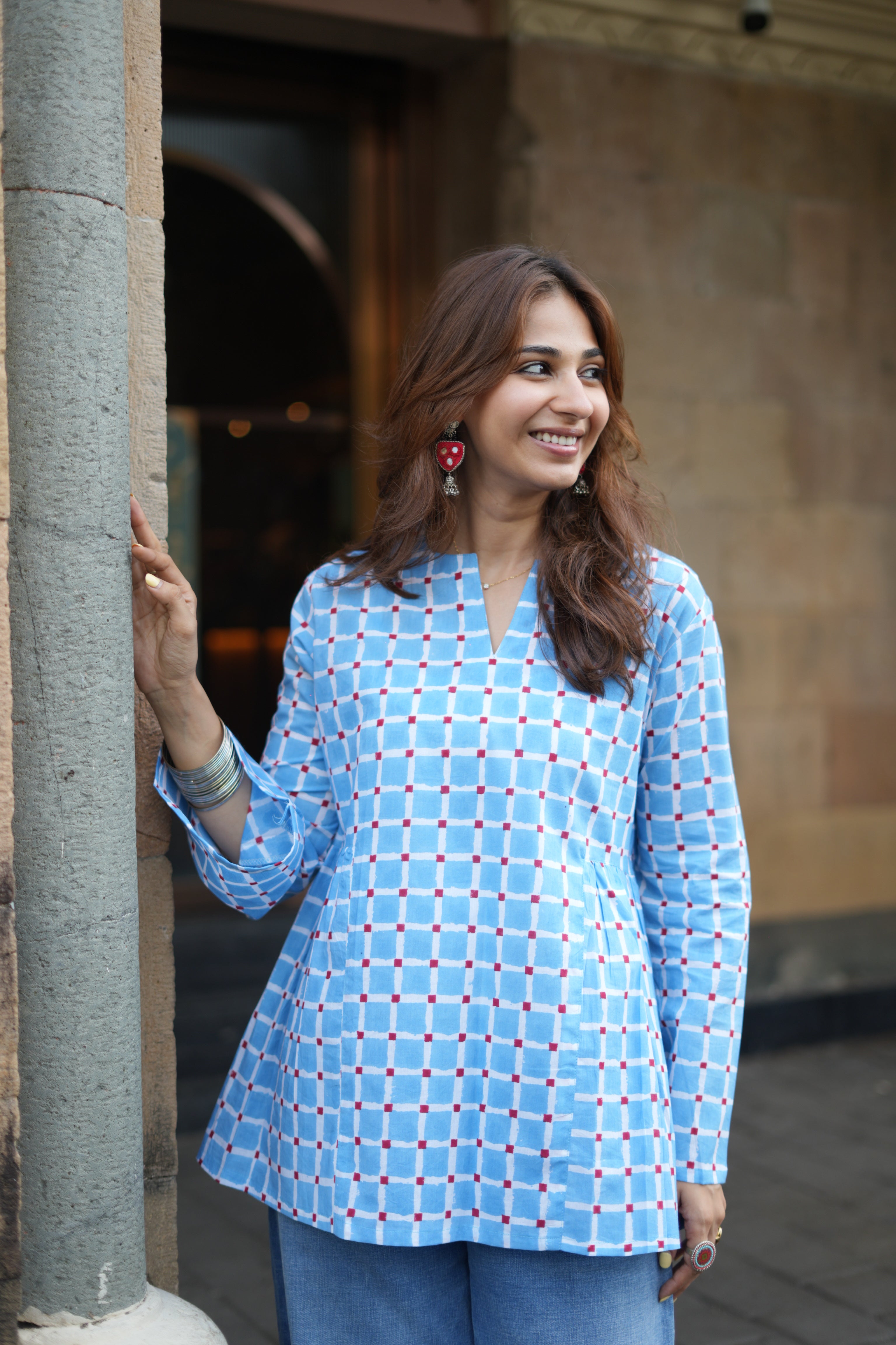 Sanganeri Square Bell Sleeves Cotton Short Top