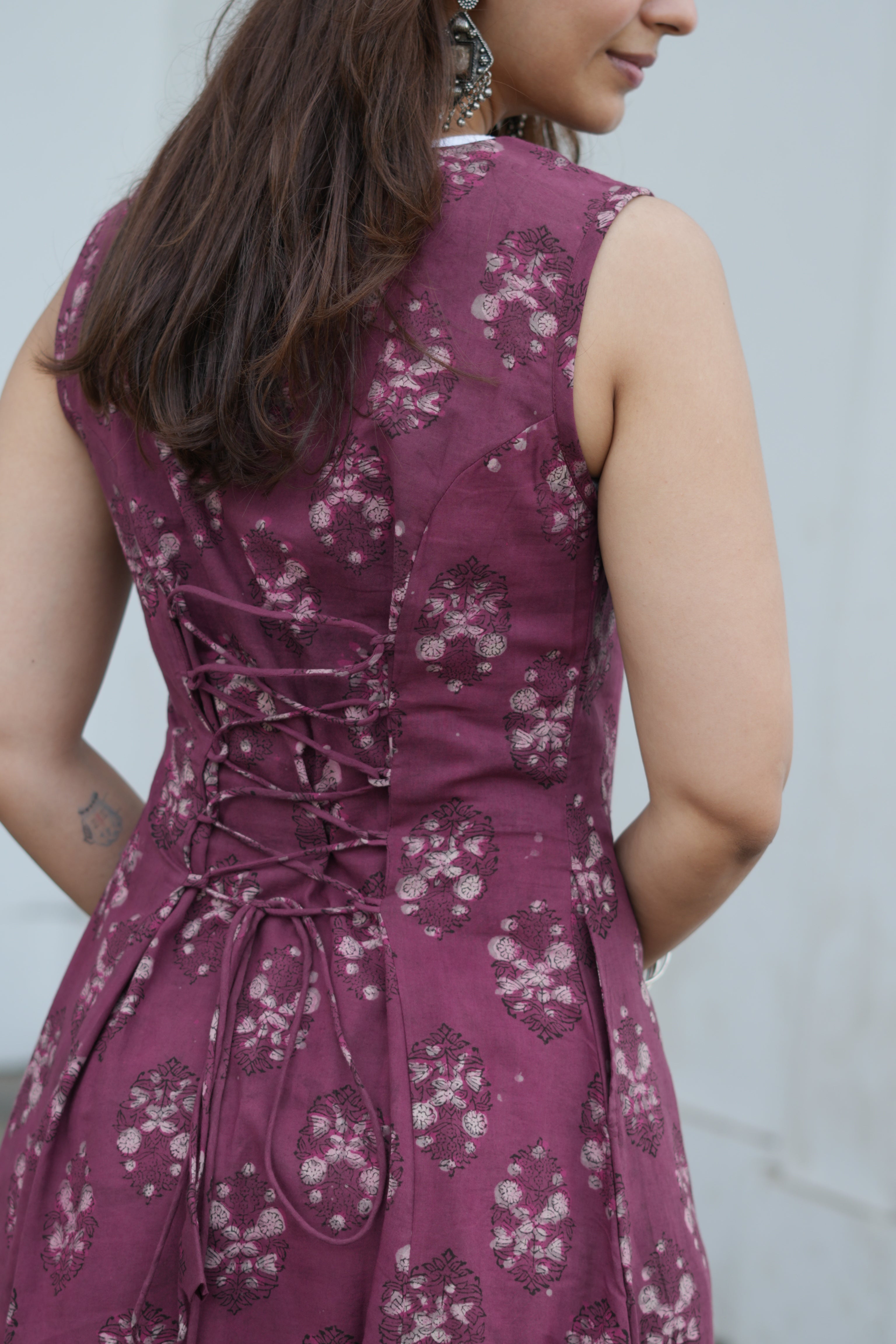 Maroon Bagru Floral Handblock Cotton Corset Dress