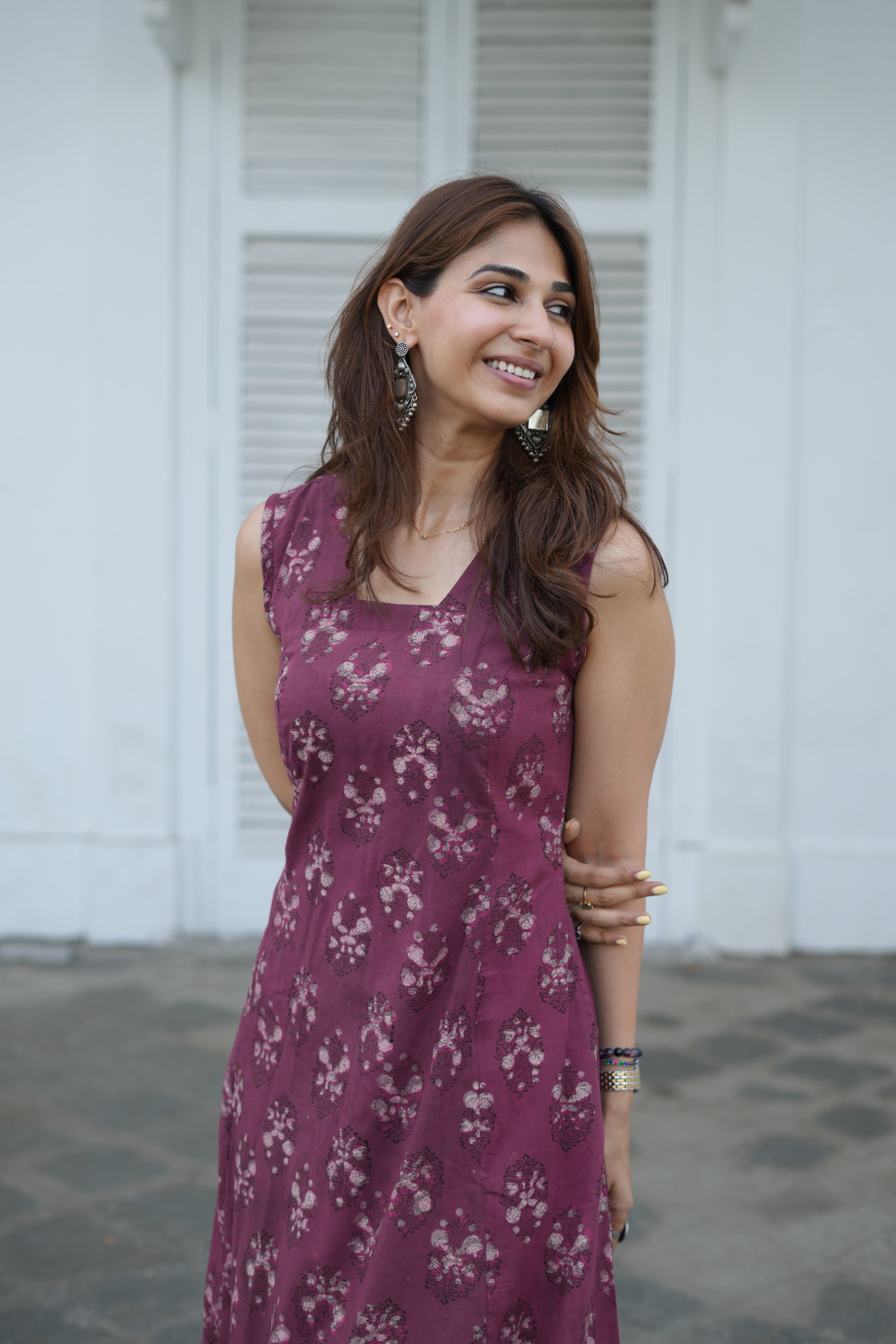 Maroon Bagru Floral Handblock Cotton Corset Dress