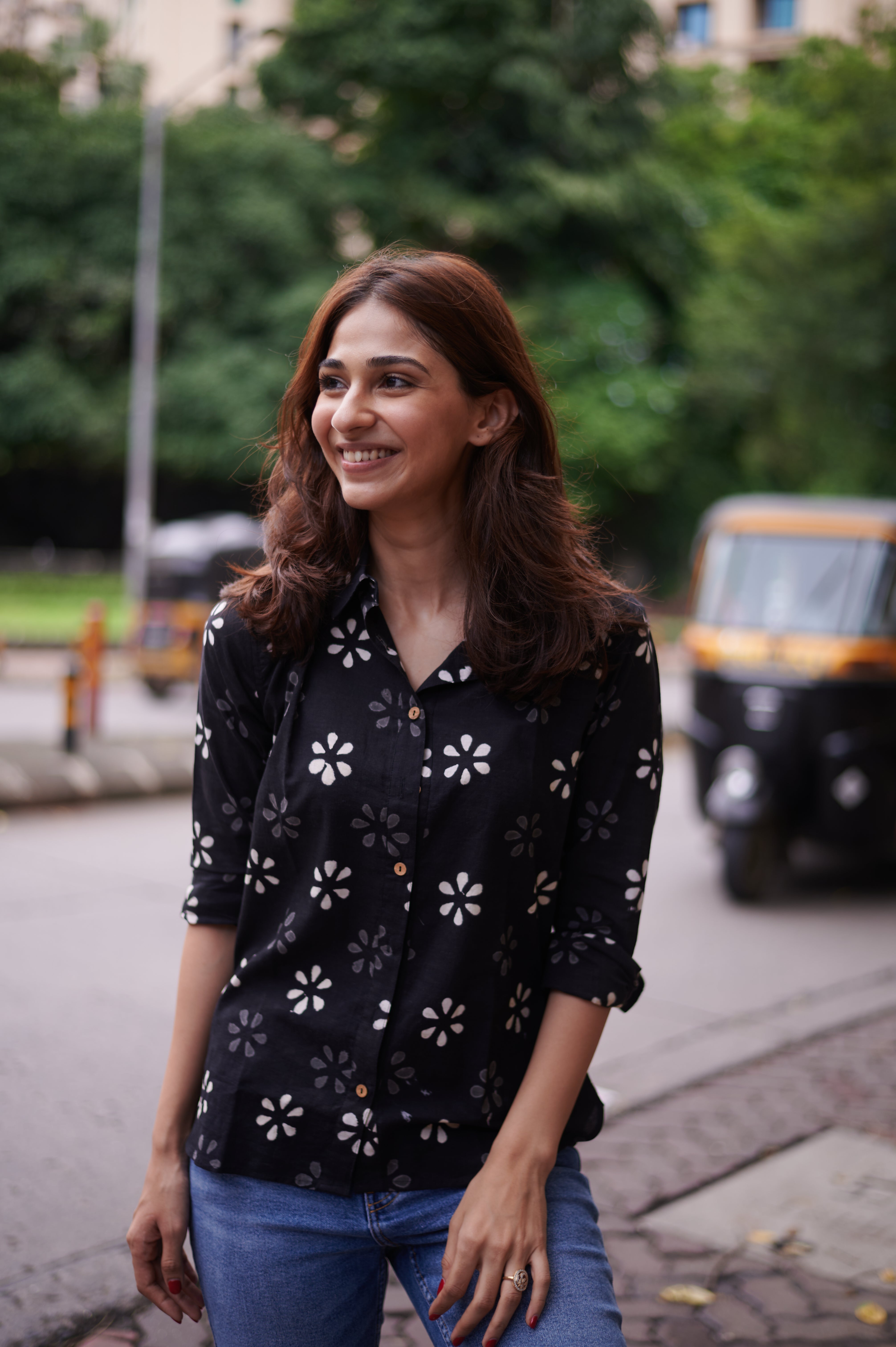 White & Grey Flower Handblock Cotton Shirt