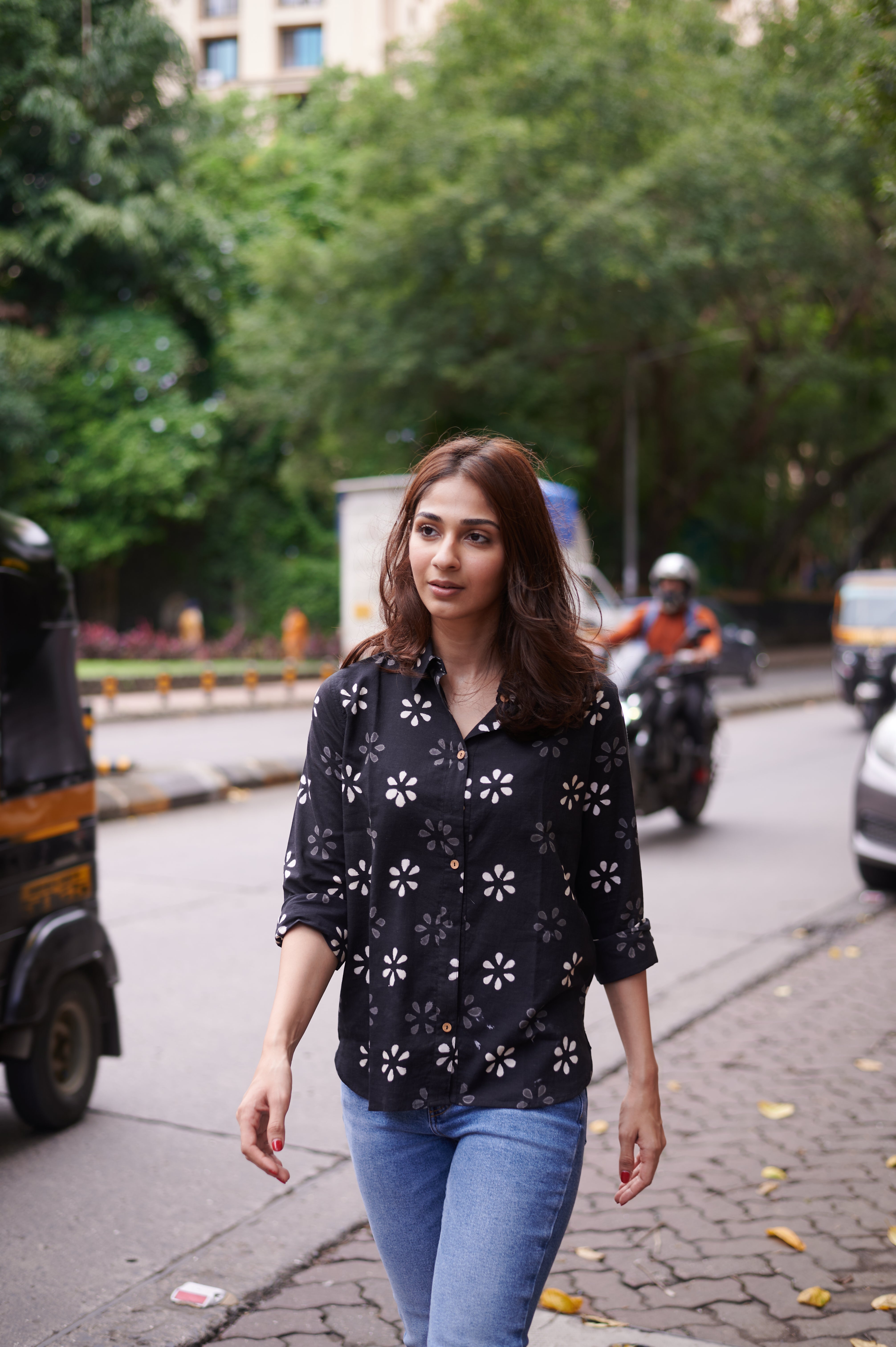 White & Grey Flower Handblock Cotton Shirt