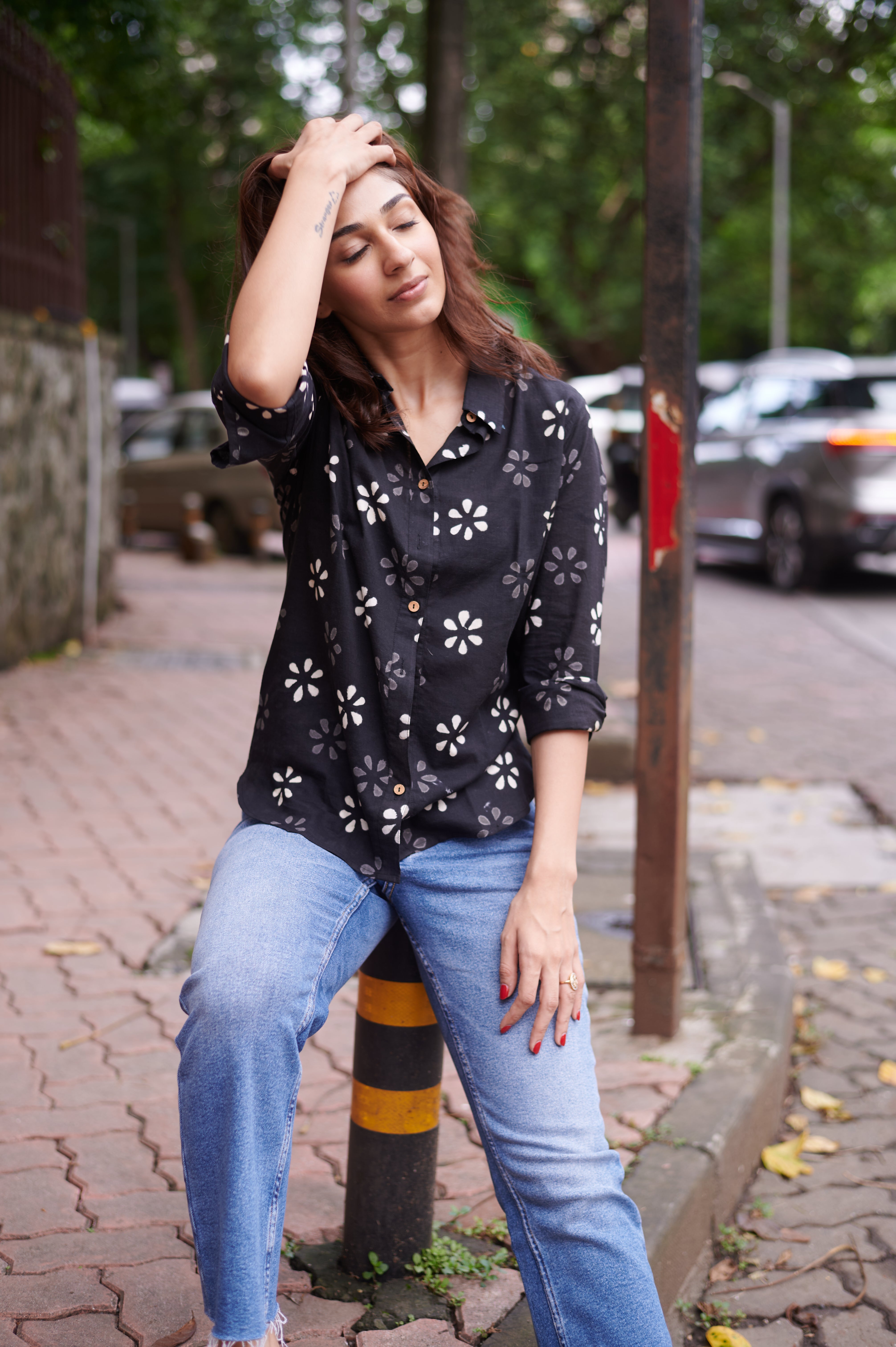 White & Grey Flower Handblock Cotton Shirt