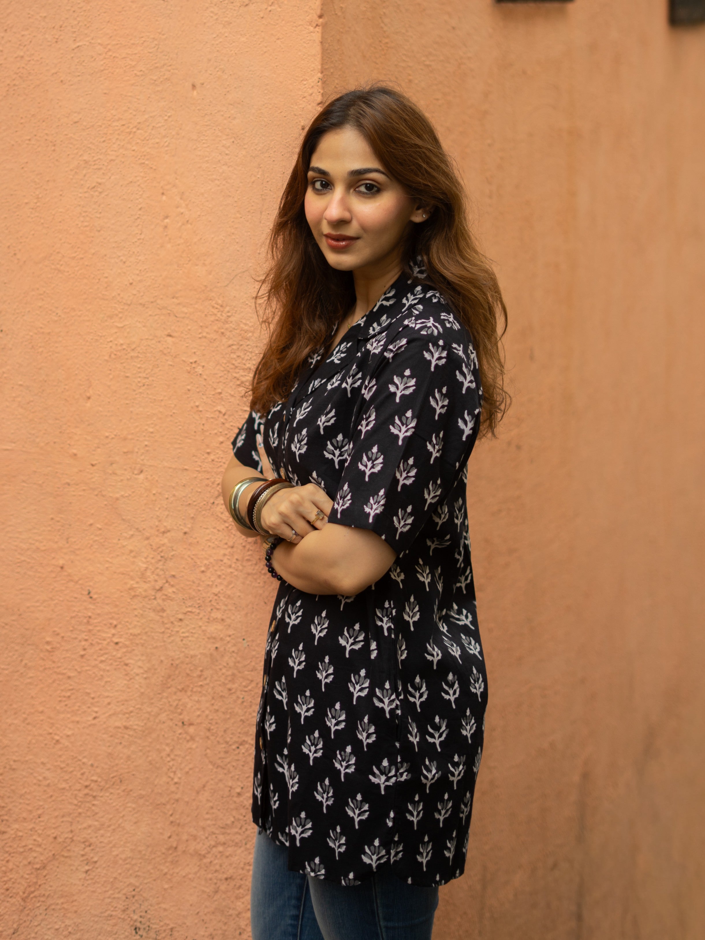 Black Floral Bagru Block Print Cotton Shirt Kurti