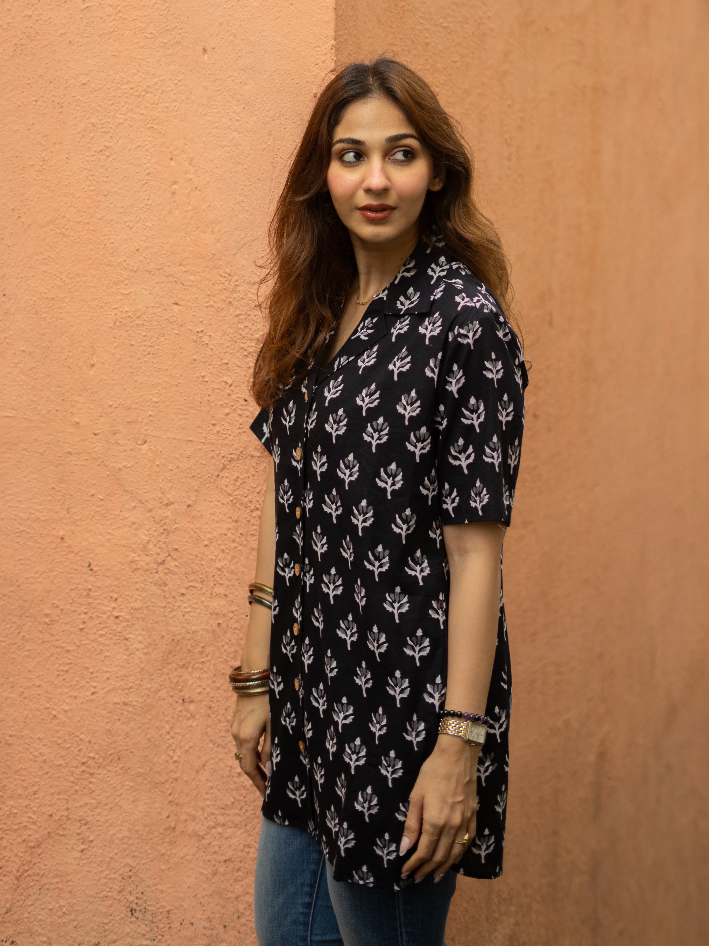 Black Floral Bagru Block Print Cotton Shirt Kurti