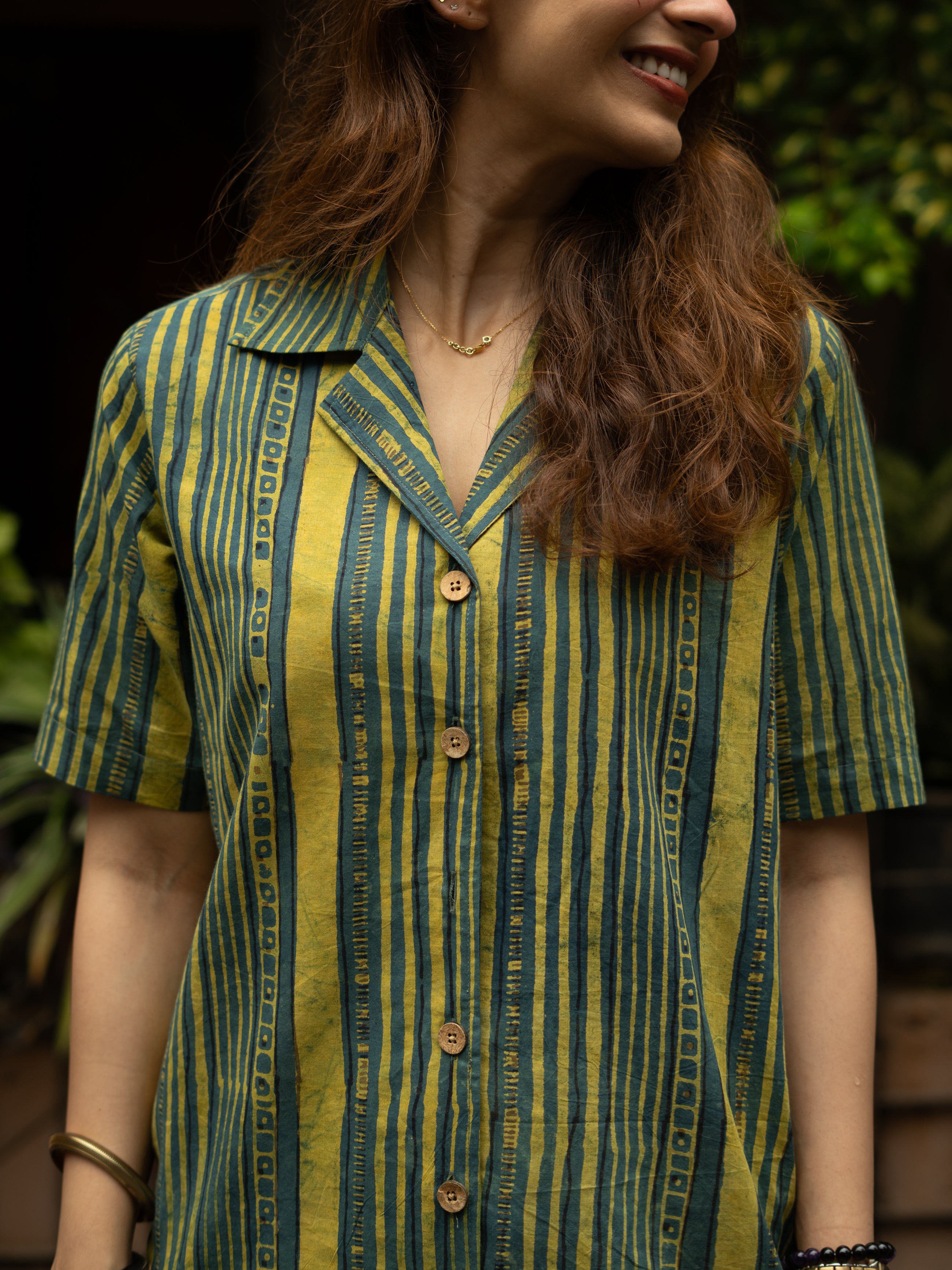 Green Stripe Handblock Cotton Shirt Kurti