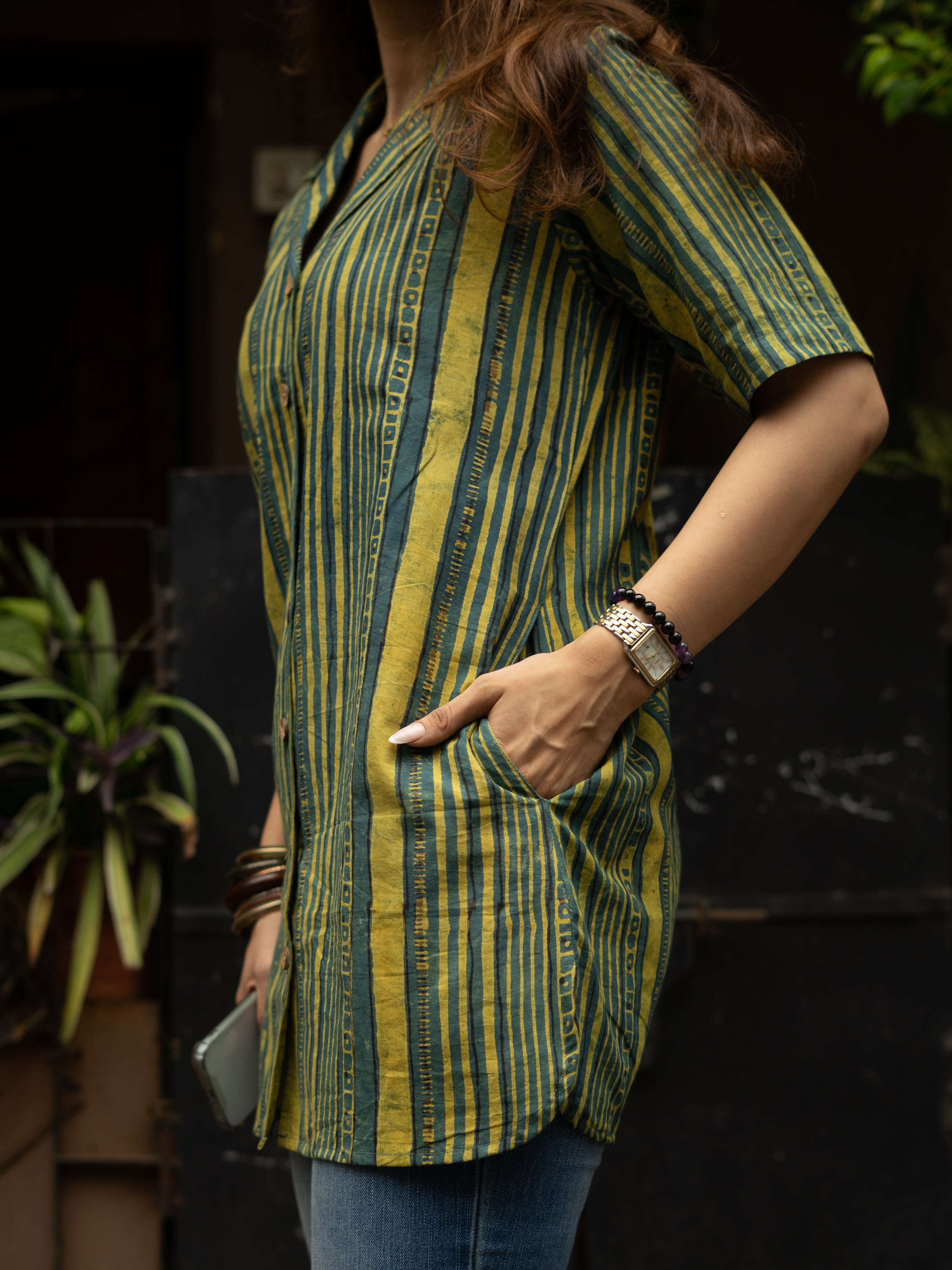 Green Stripe Handblock Cotton Shirt Kurti