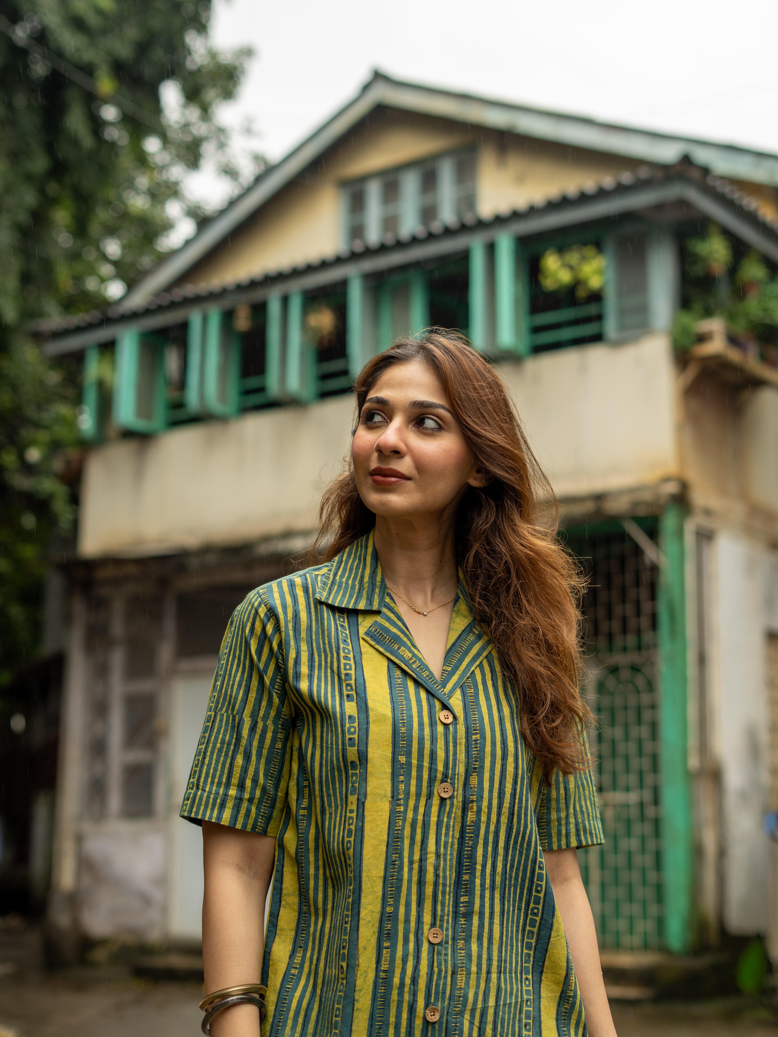 Green Stripe Handblock Cotton Shirt Kurti