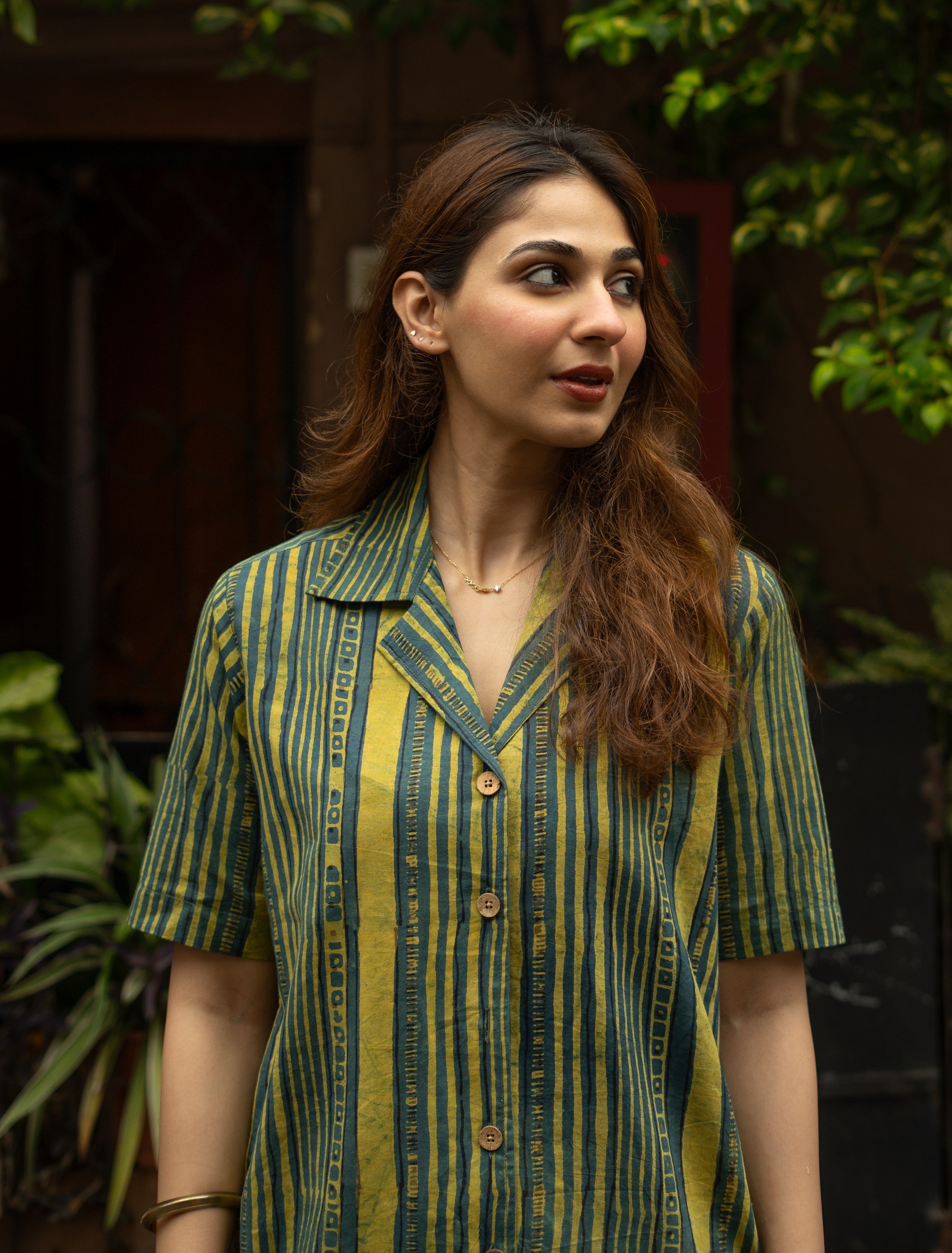 Green Stripe Handblock Cotton Shirt Kurti