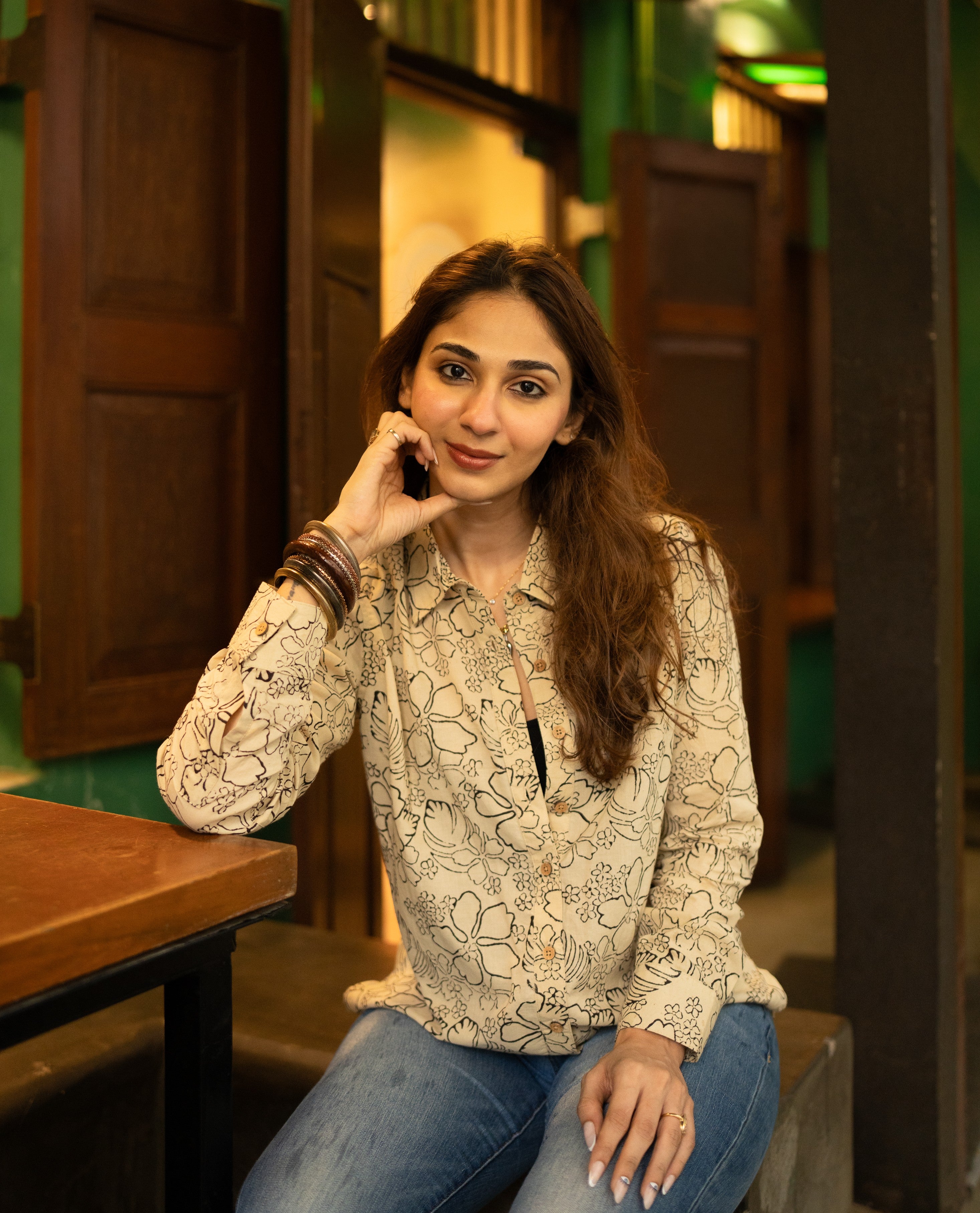 Bagru Cream Floral Handblock Cotton Shirt