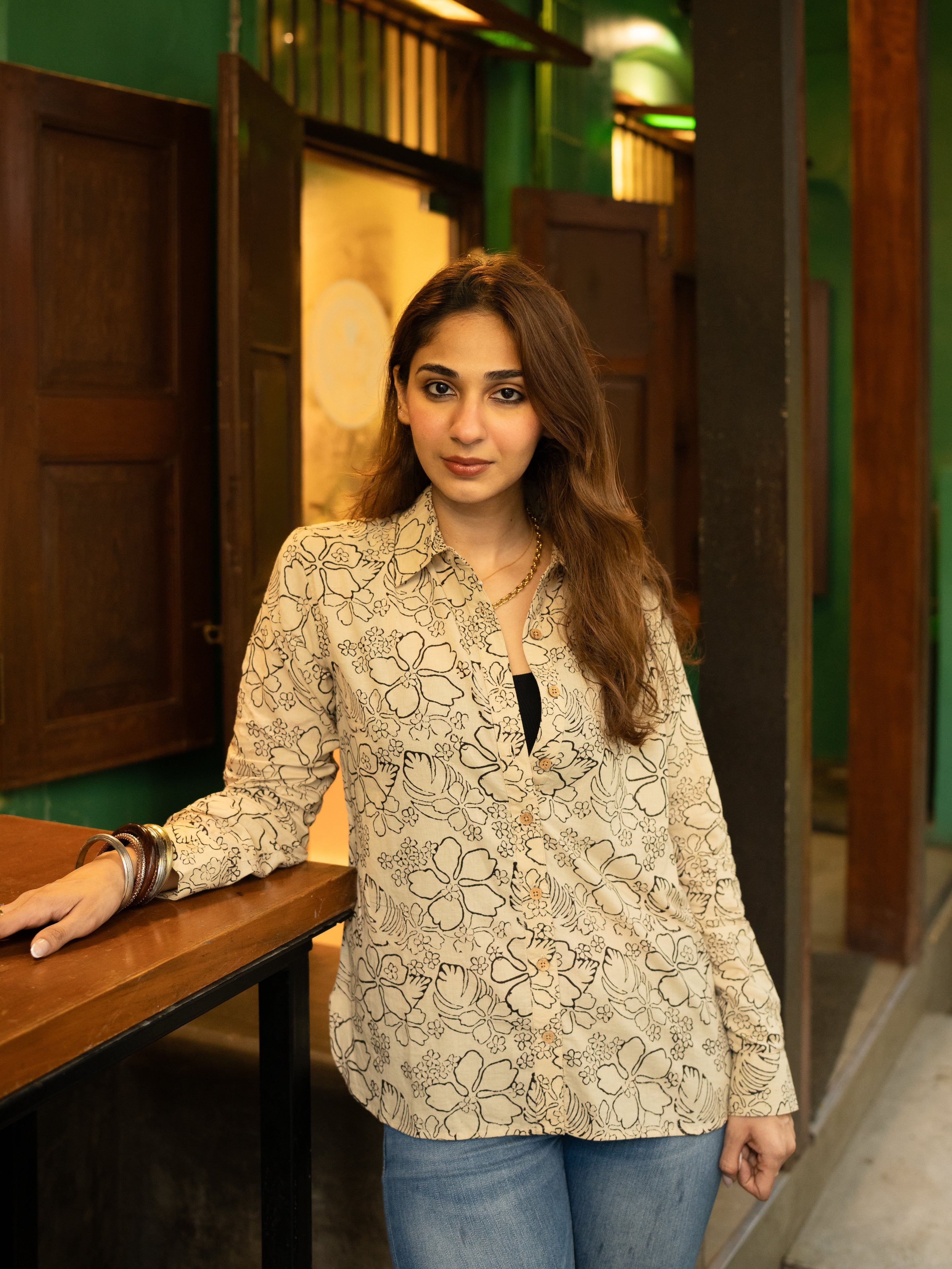 Bagru Cream Floral Handblock Cotton Shirt