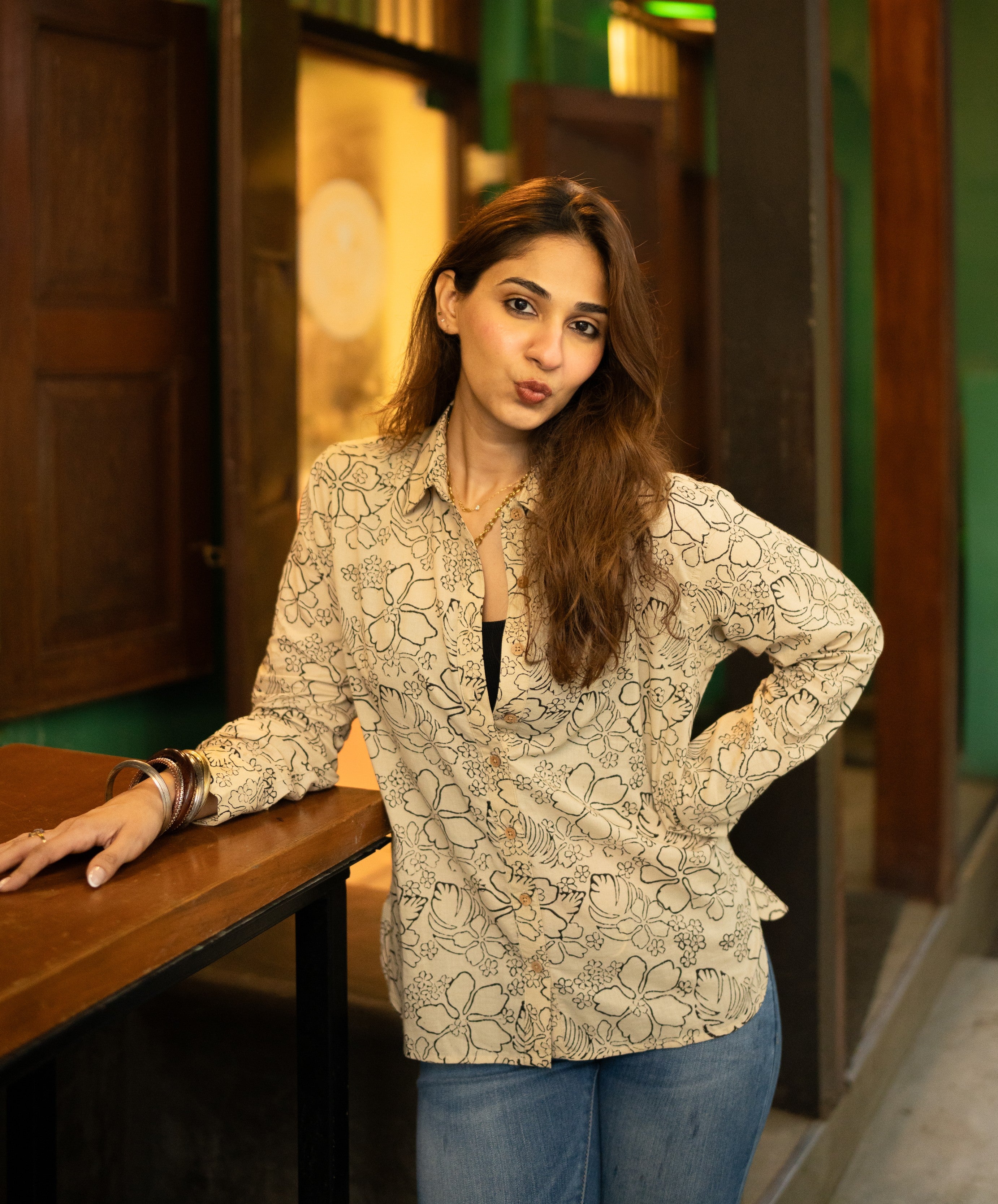 Bagru Cream Floral Handblock Cotton Shirt