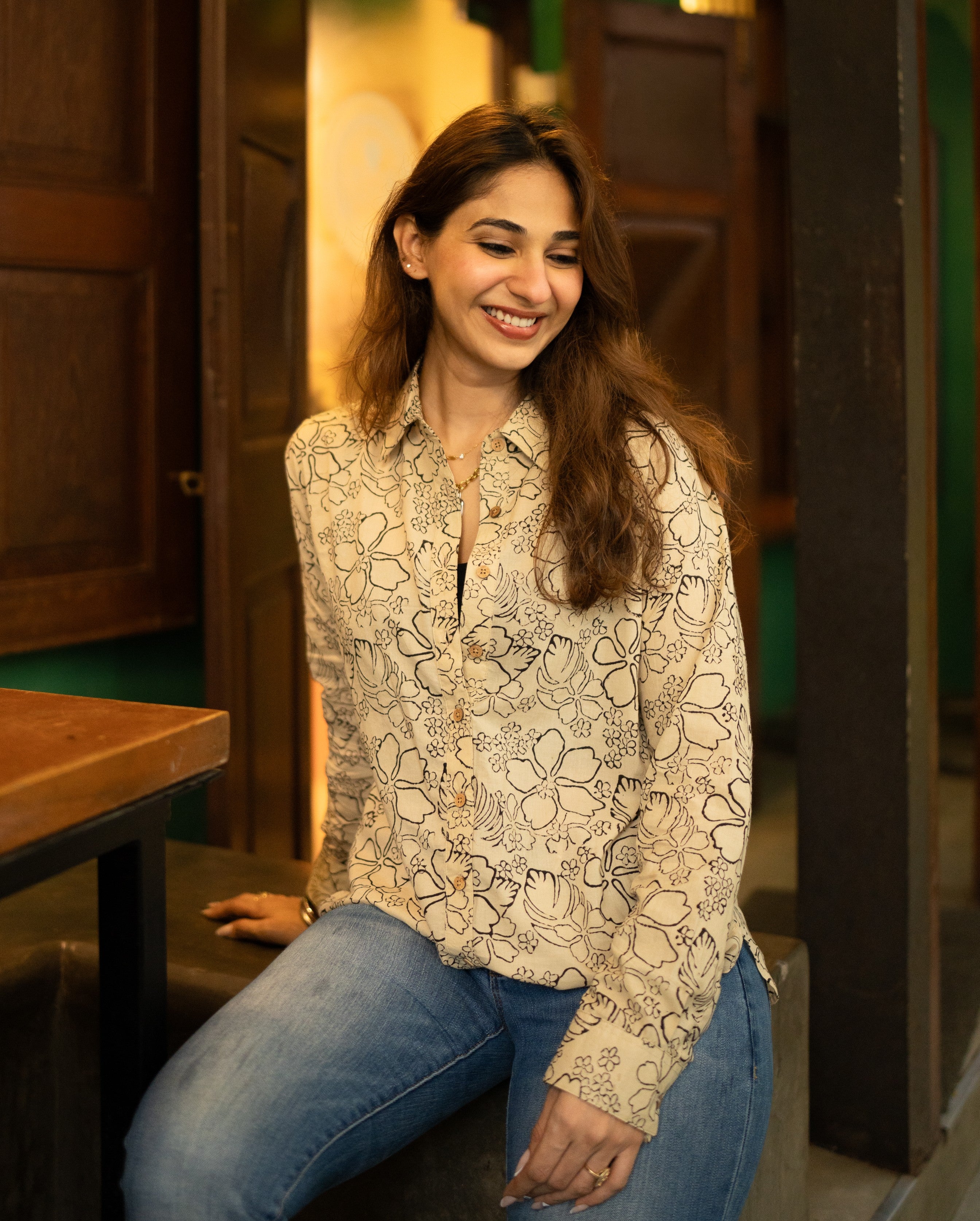 Bagru Cream Floral Handblock Cotton Shirt