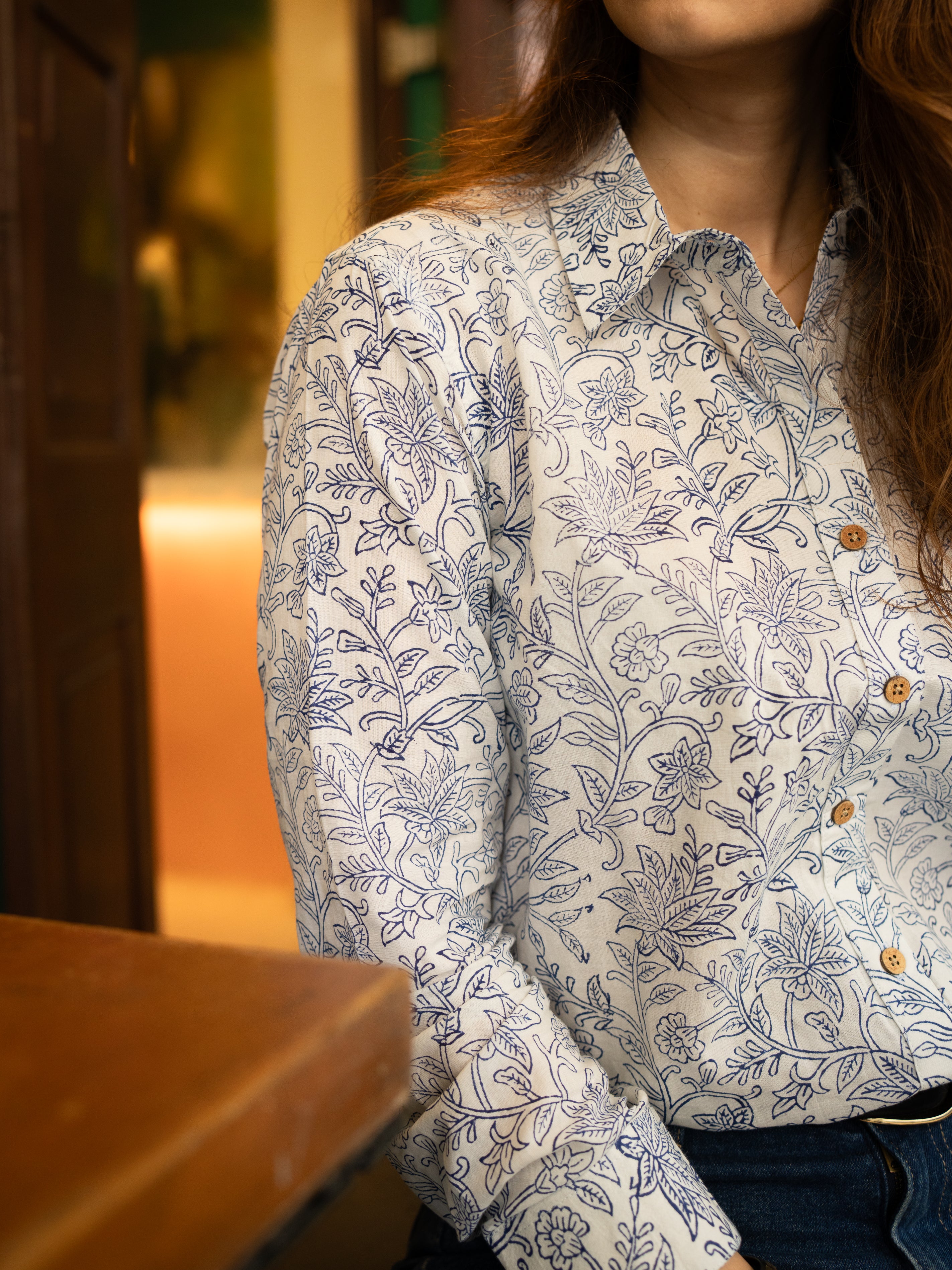 Indigo Floral Block Print Cotton Shirt