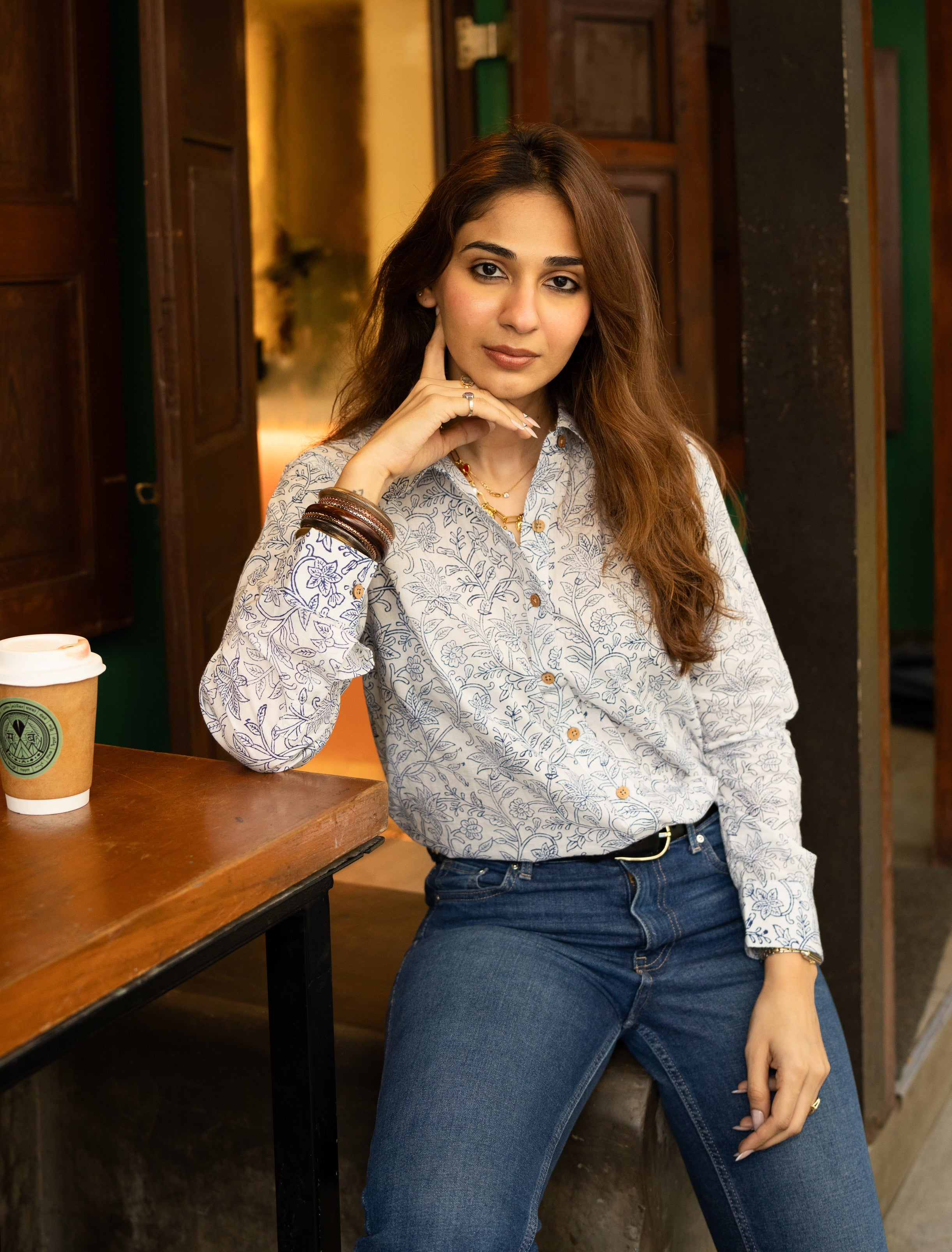 Indigo Floral Block Print Cotton Shirt