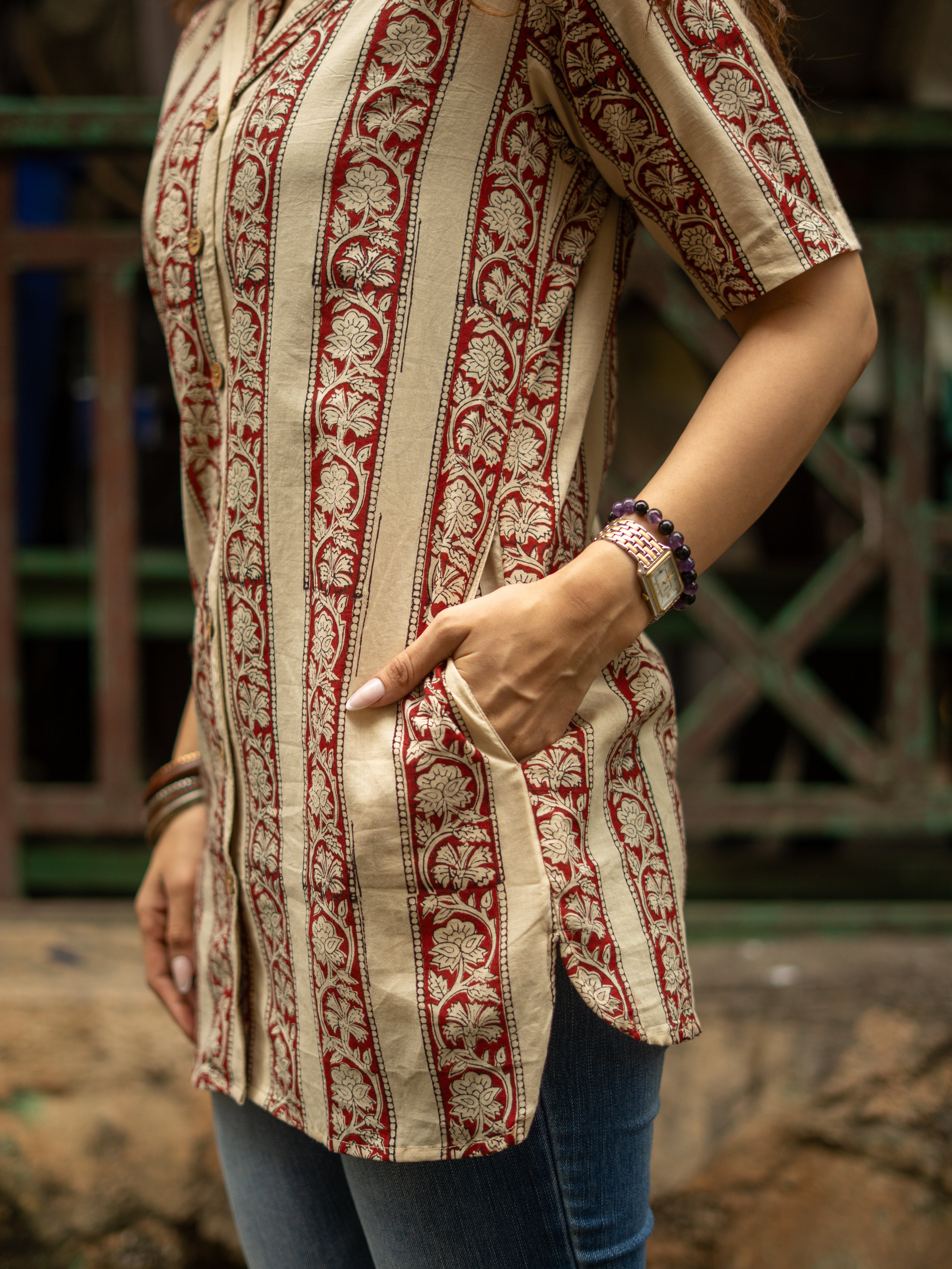 Ajrakh Cream Red Stripe Handblock Cotton Shirt Kurti