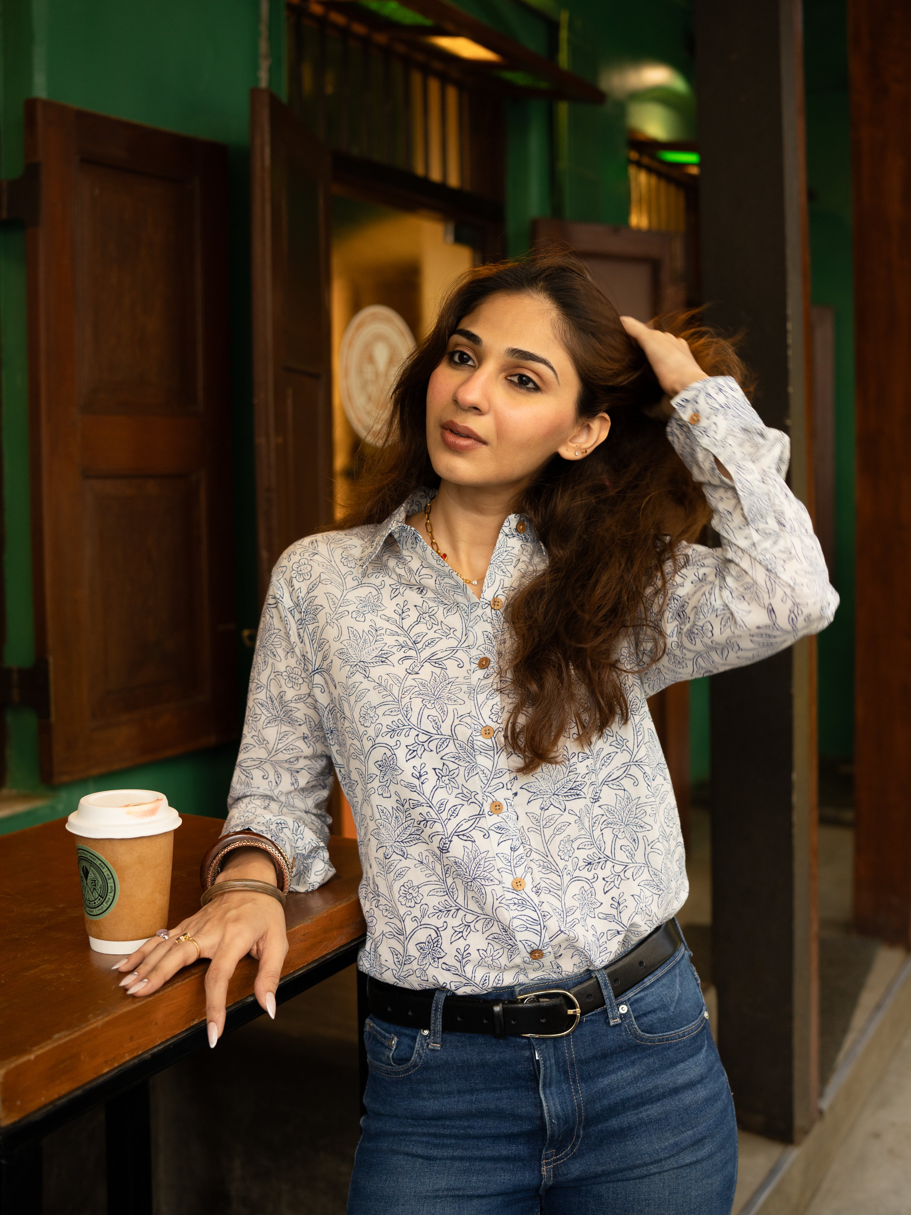 Indigo Floral Block Print Cotton Shirt