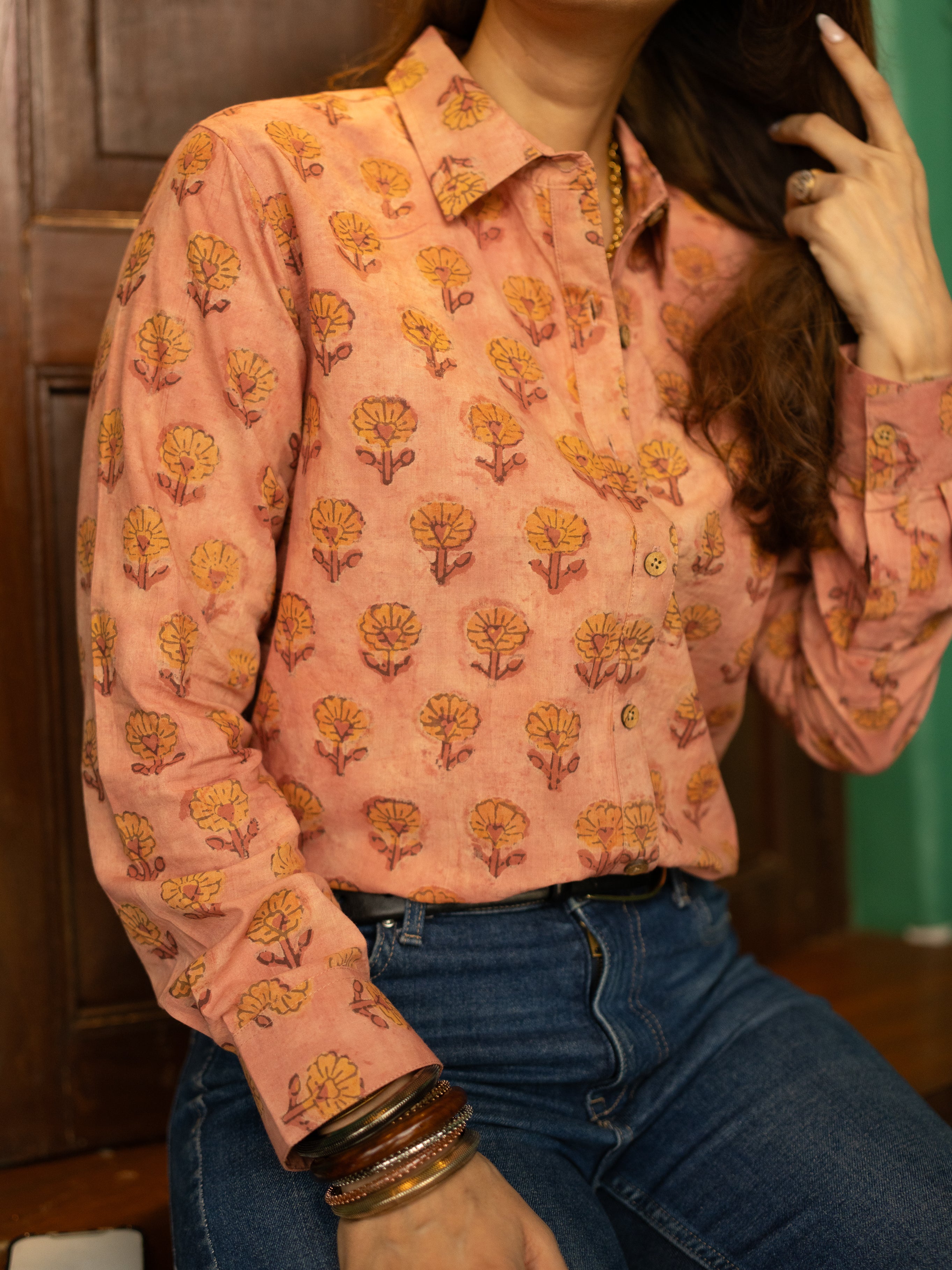 Orange Mud Floral Block Print Cotton Shirt