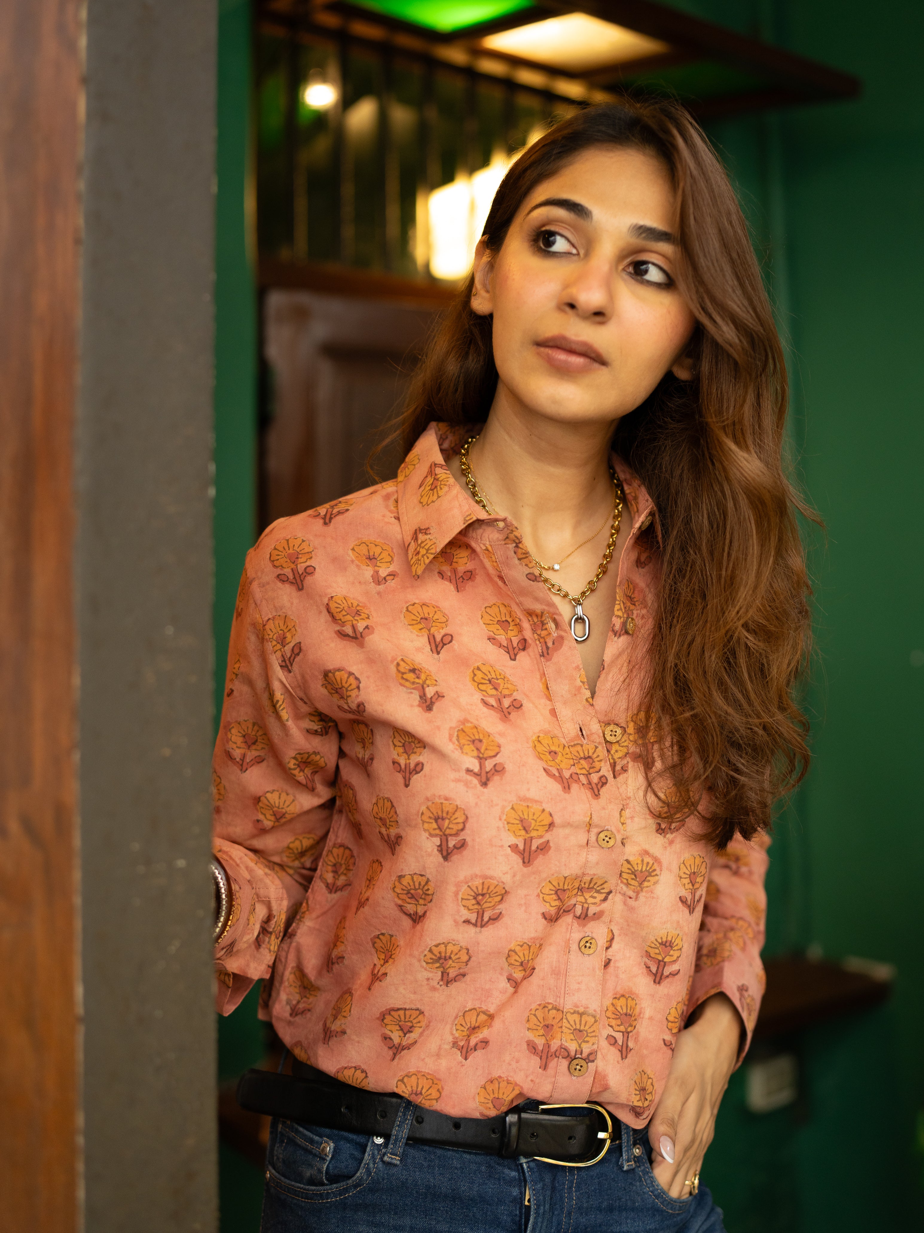 Orange Mud Floral Block Print Cotton Shirt