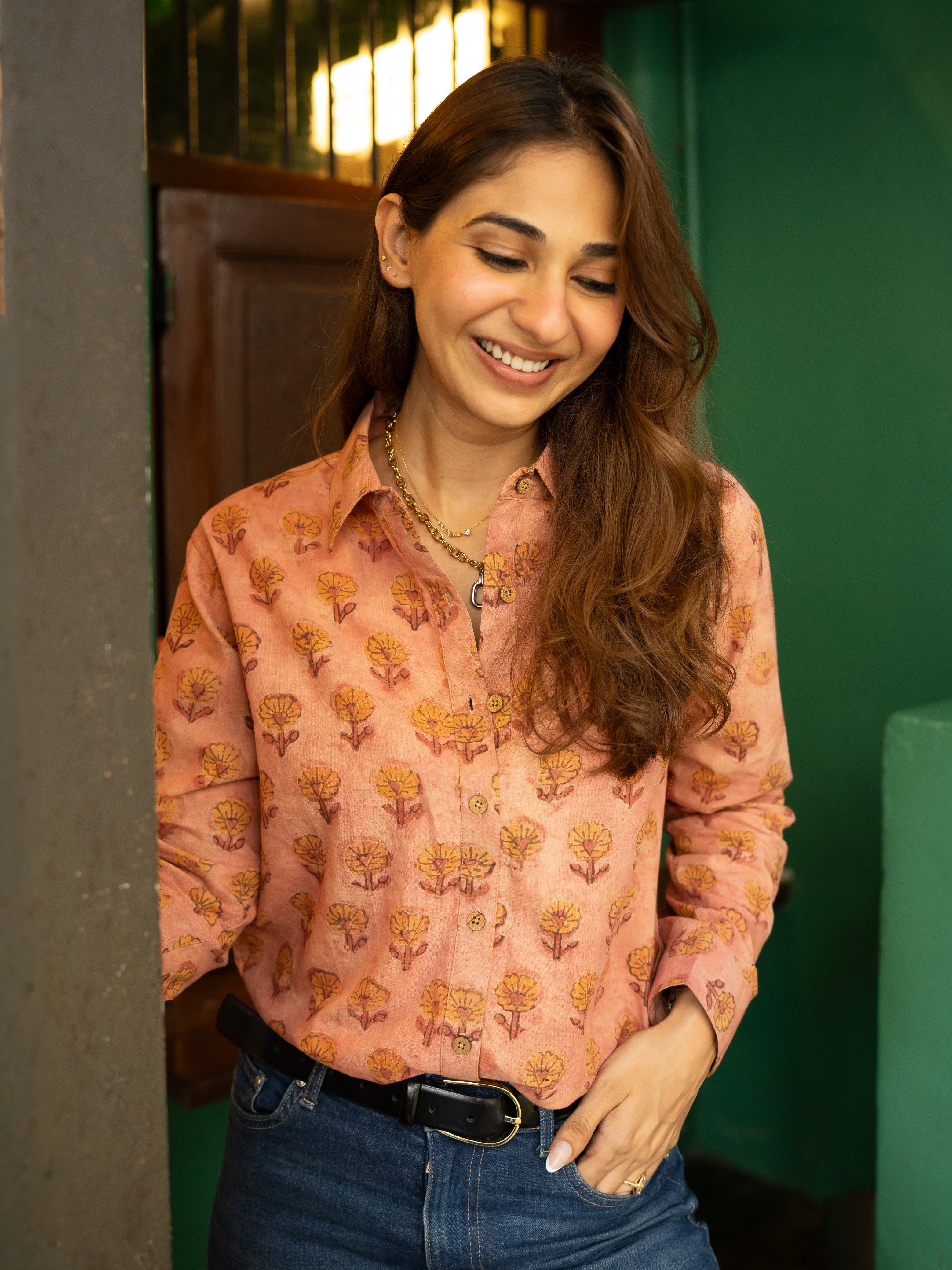 Orange Mud Floral Block Print Cotton Shirt