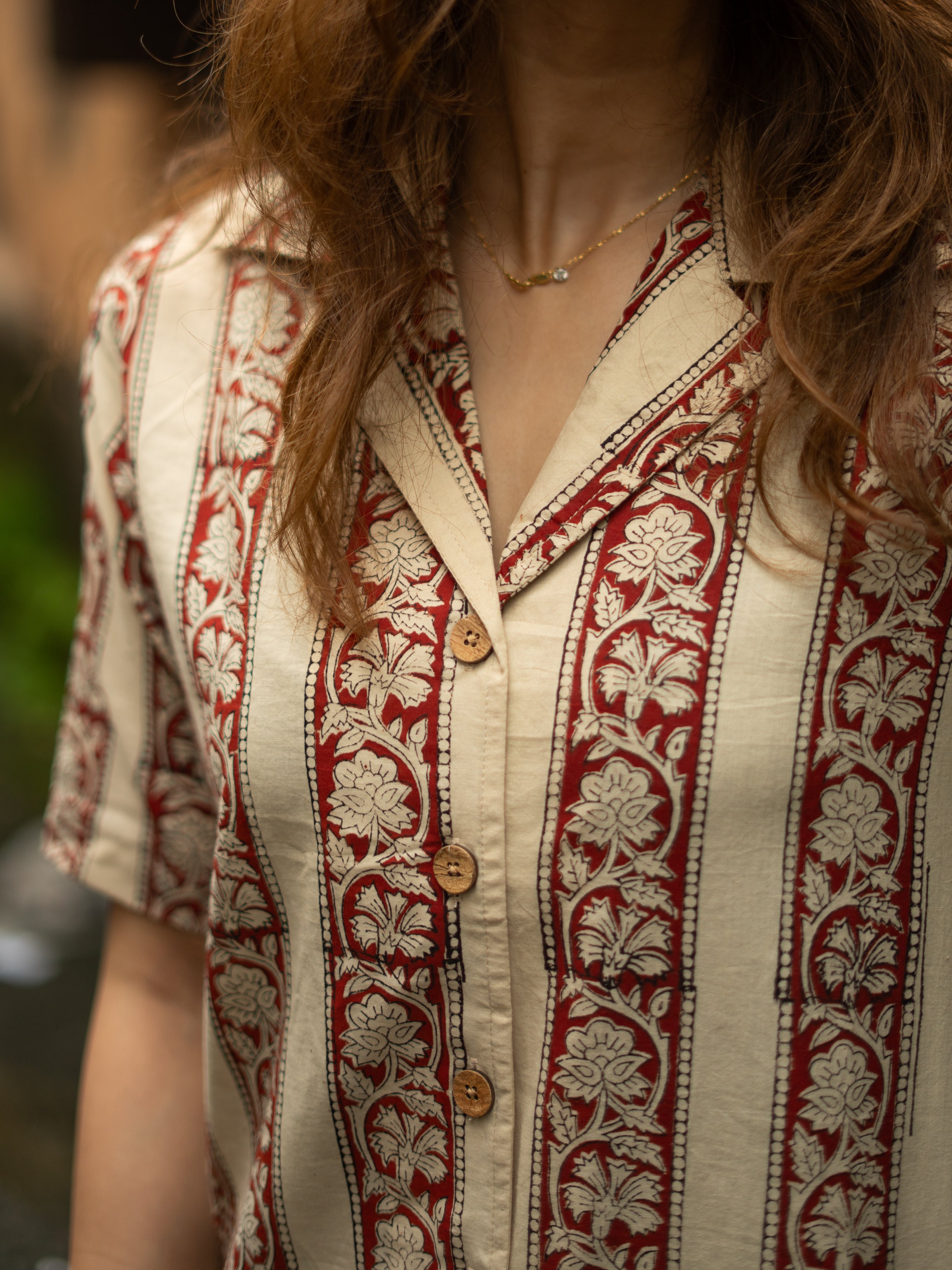 Ajrakh Cream Red Stripe Handblock Cotton Shirt Kurti