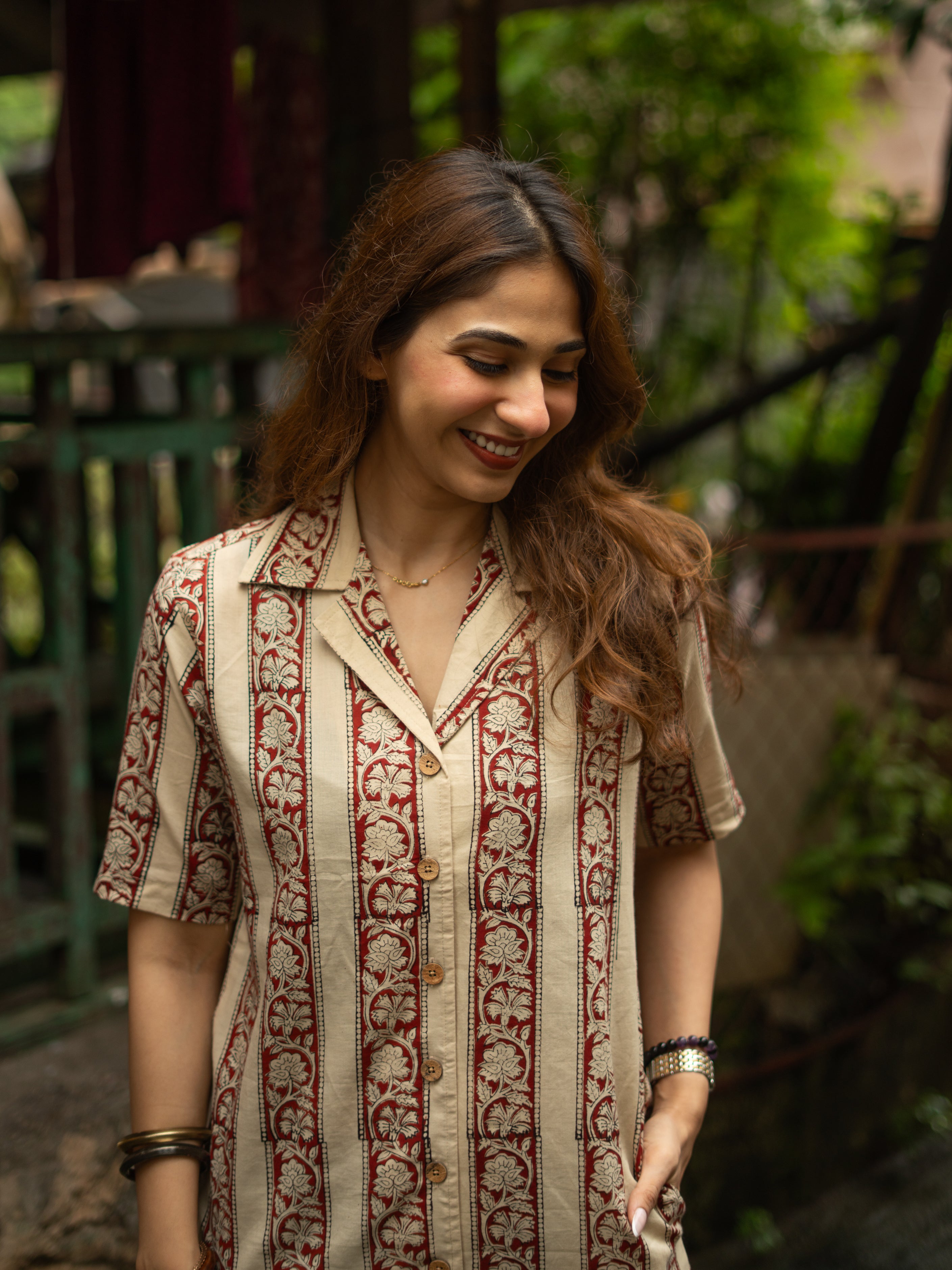 Ajrakh Cream Red Stripe Handblock Cotton Shirt Kurti