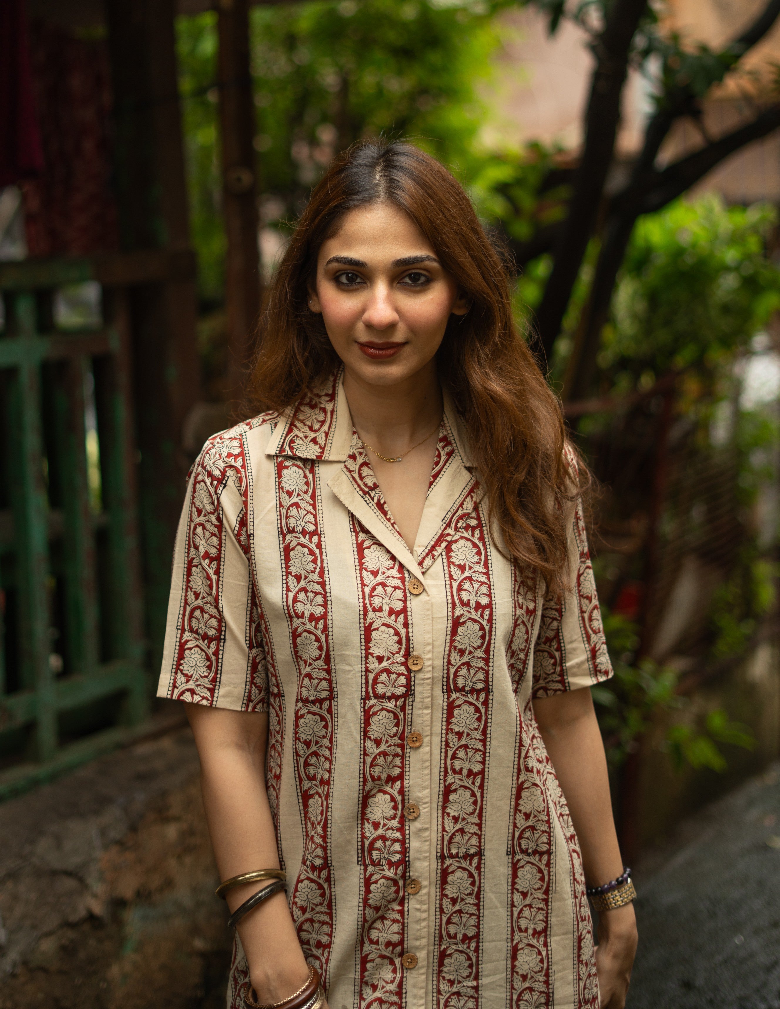 Ajrakh Cream Red Stripe Handblock Cotton Shirt Kurti