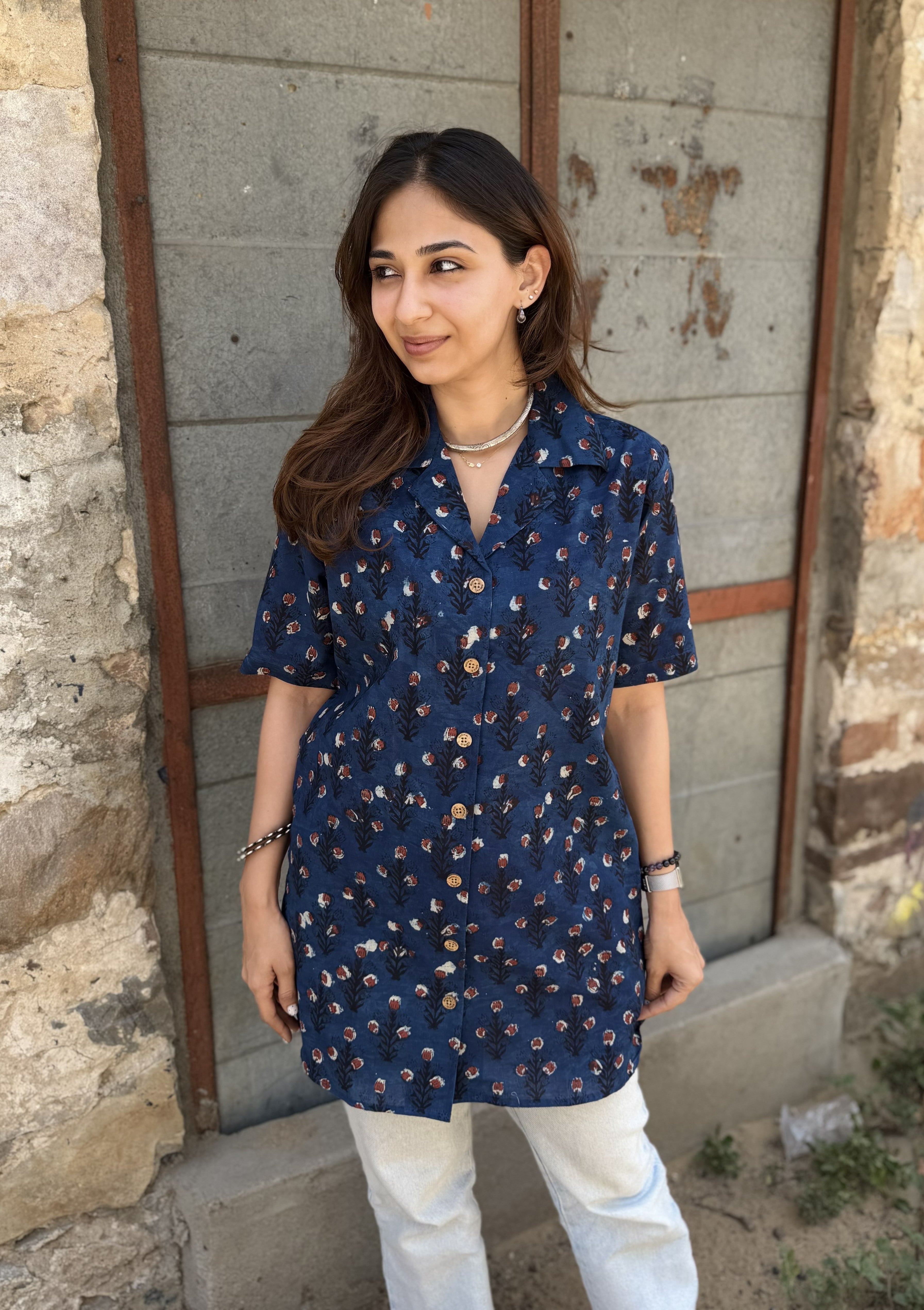 Indigo Red Flower Block Print Cotton Shirt Kurti