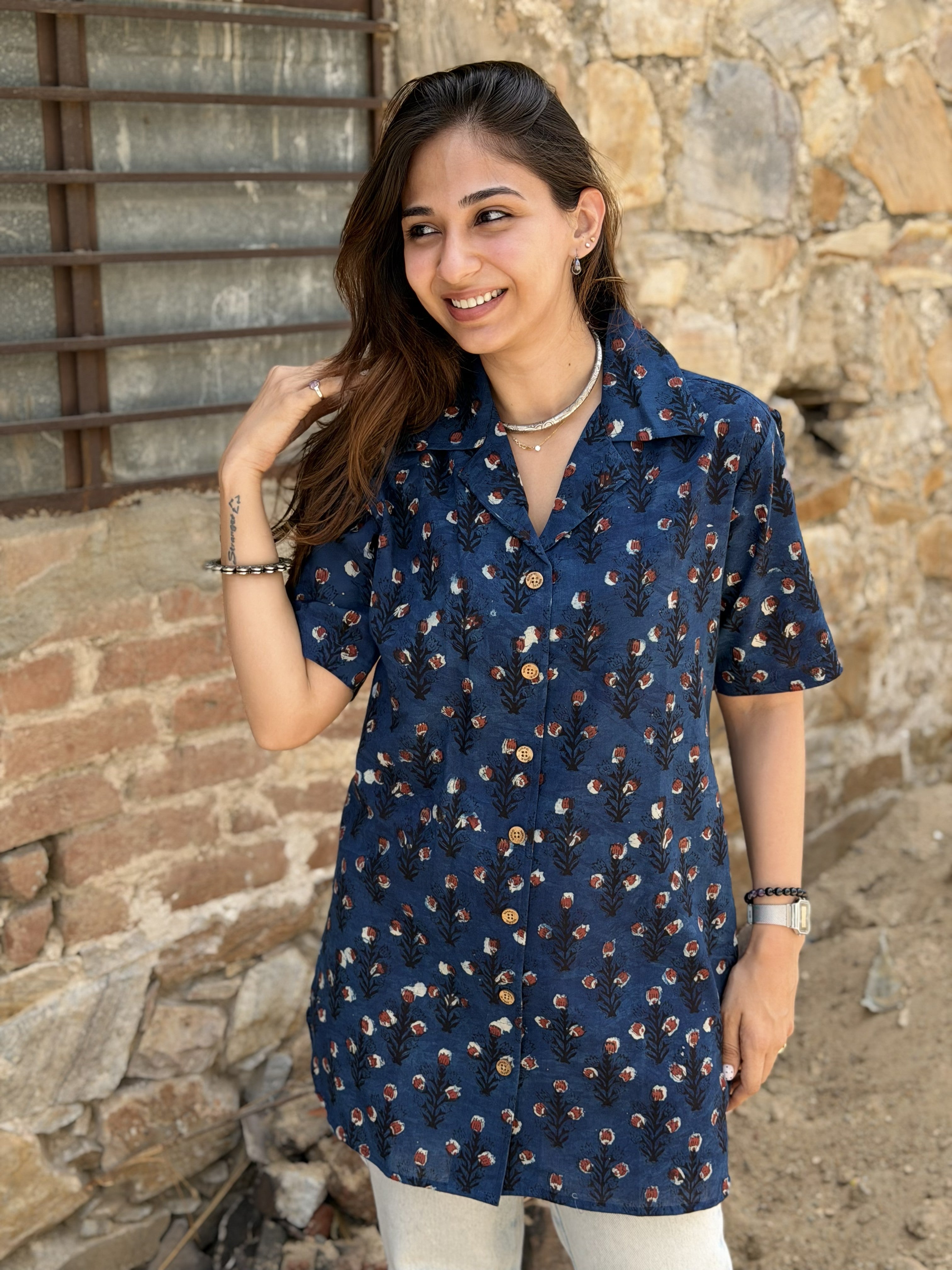 Indigo Red Flower Block Print Cotton Shirt Kurti