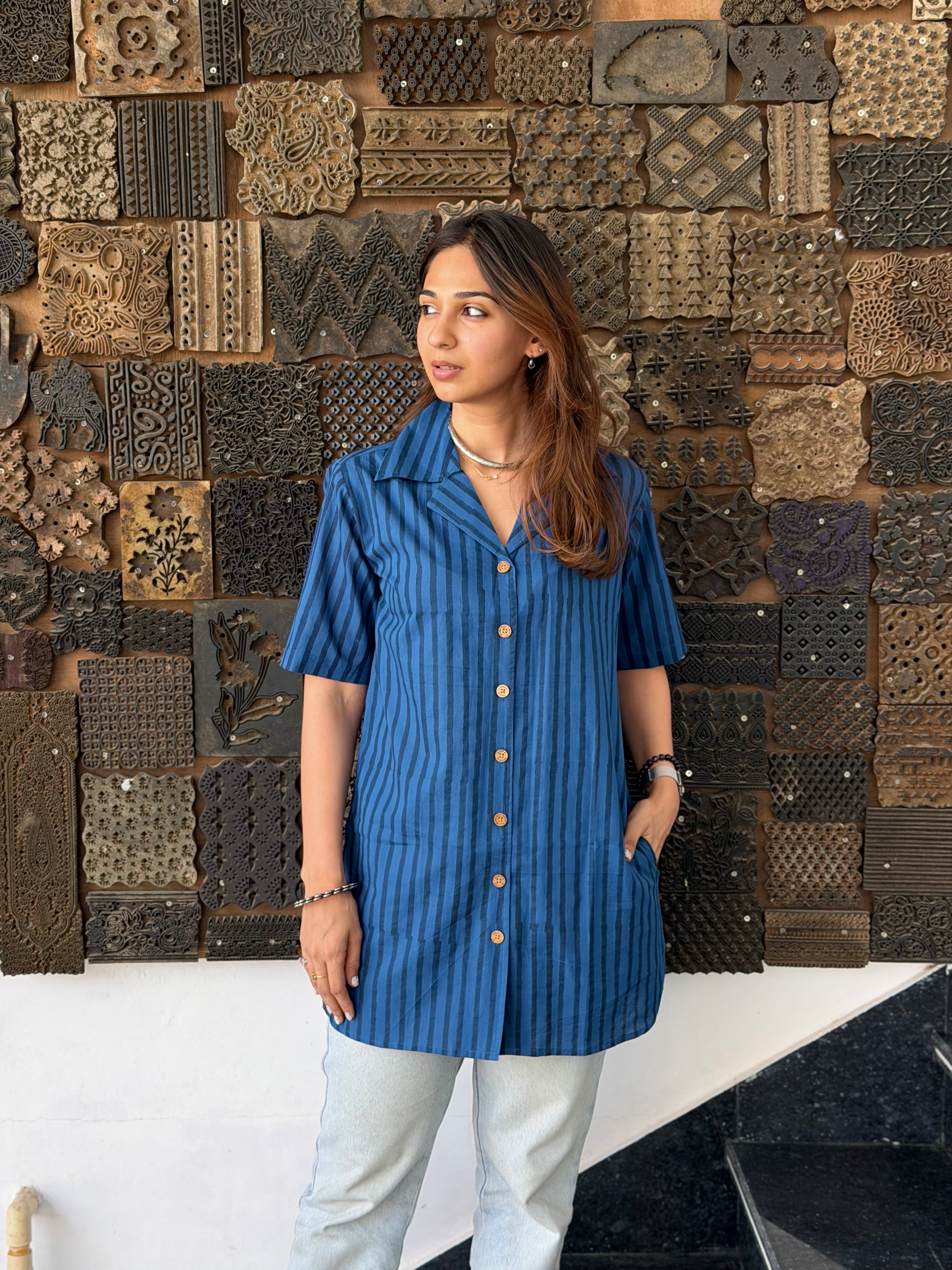 Indigo Jaipuri Stripe Handblock Cotton Shirt Kurti