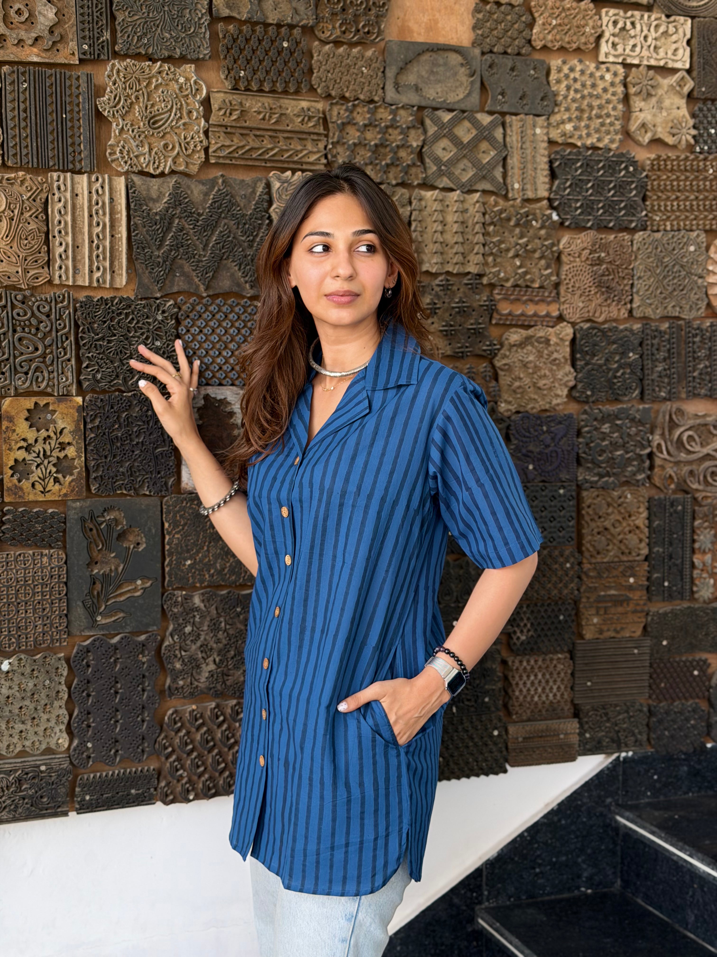 Indigo Jaipuri Stripe Handblock Cotton Shirt Kurti