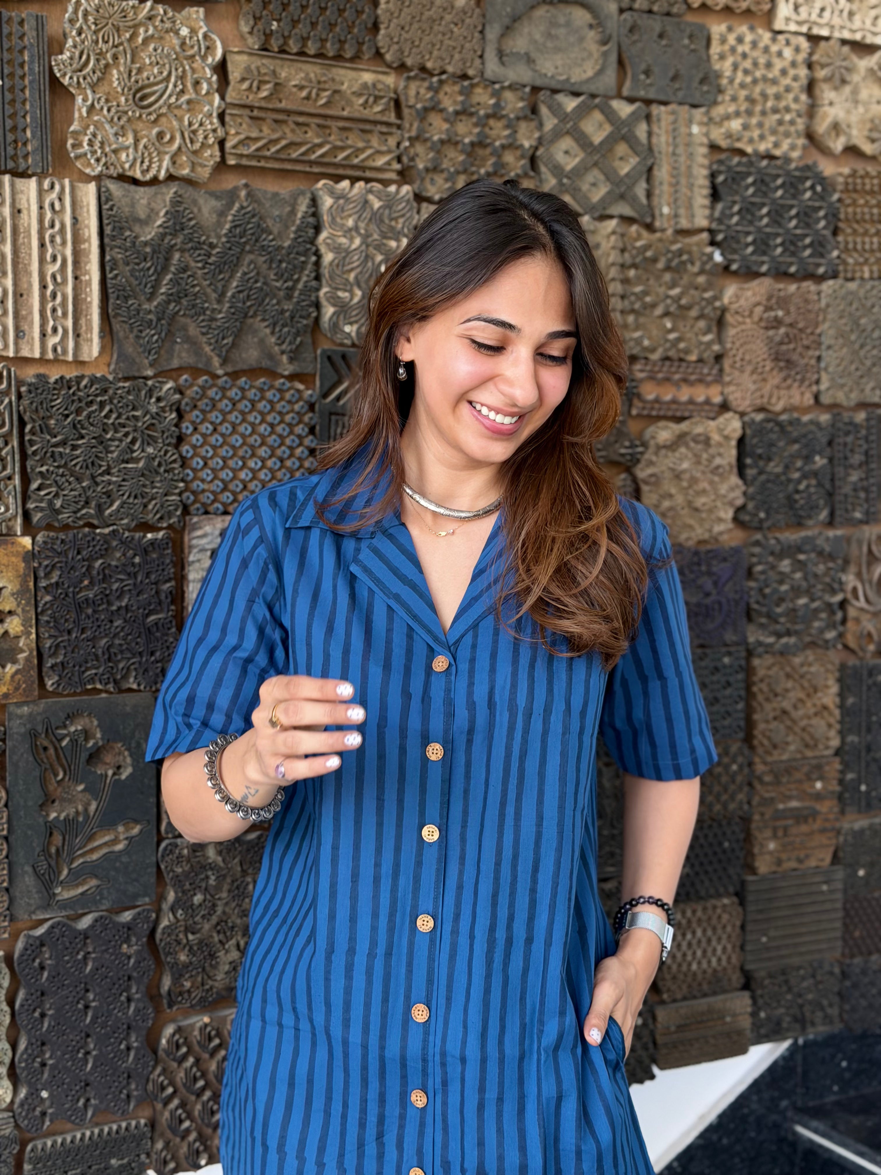Indigo Jaipuri Stripe Handblock Cotton Shirt Kurti