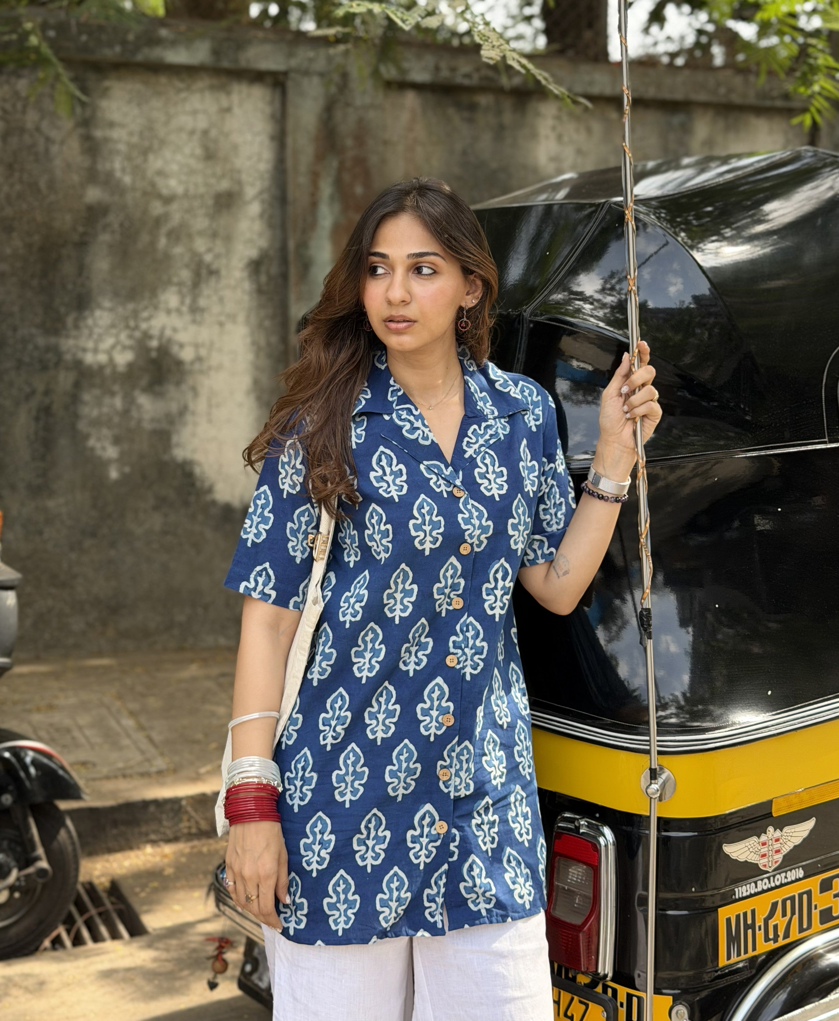 Navy Blue Leaf Handblock Cotton Shirt Kurti