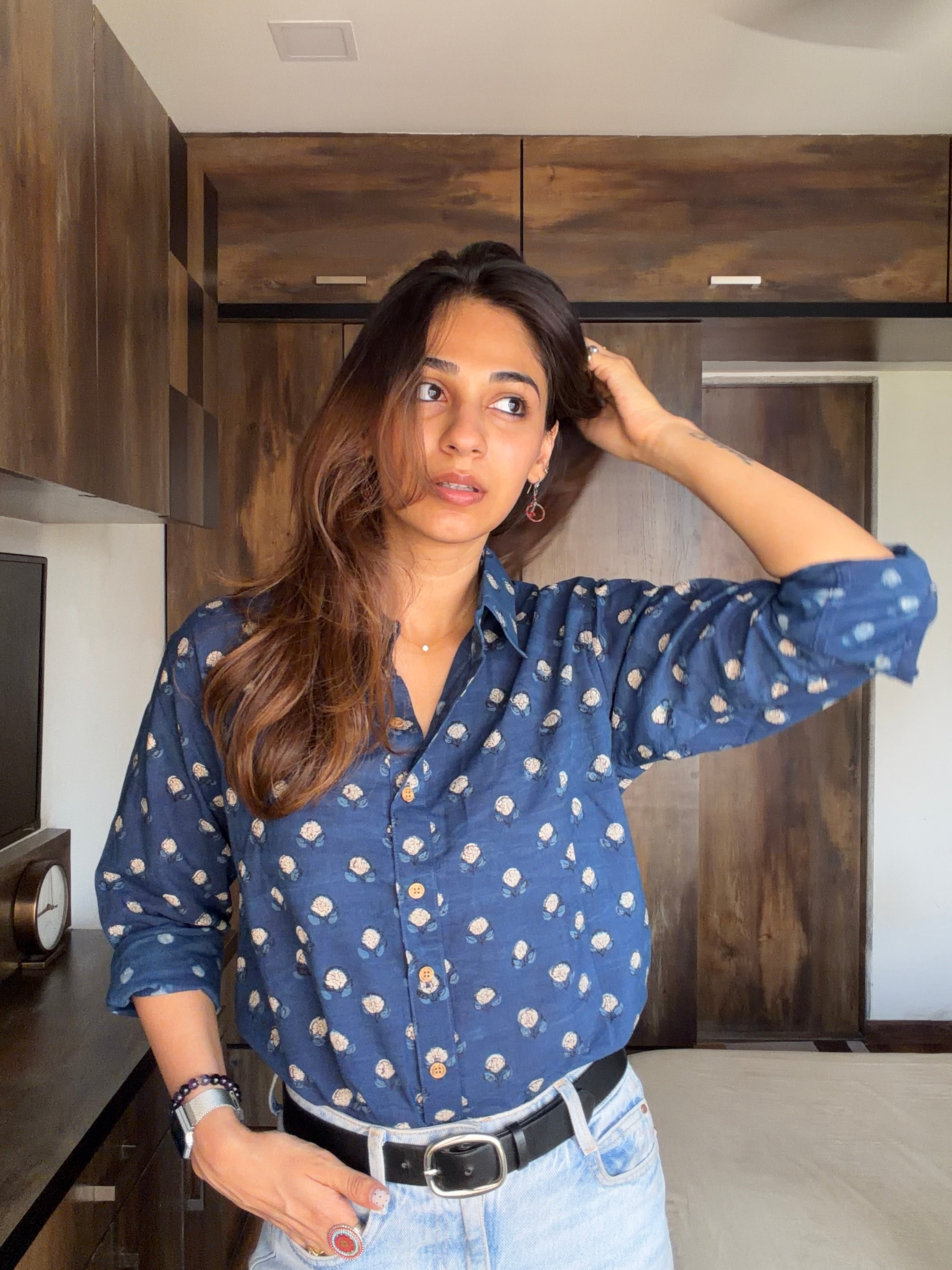 Blue Floral Handblock Cotton Shirt