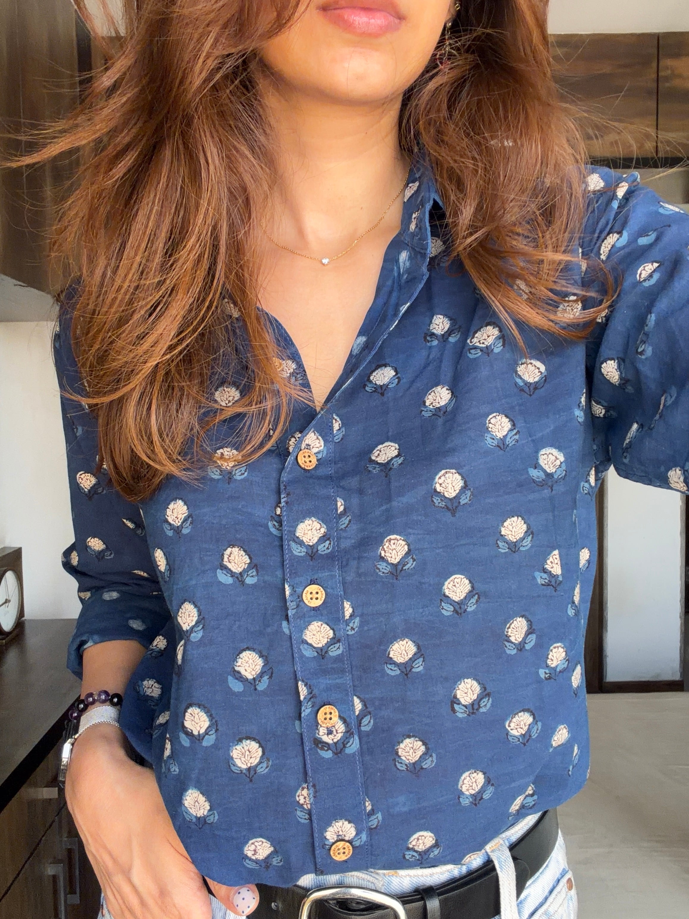 Blue Floral Handblock Cotton Shirt