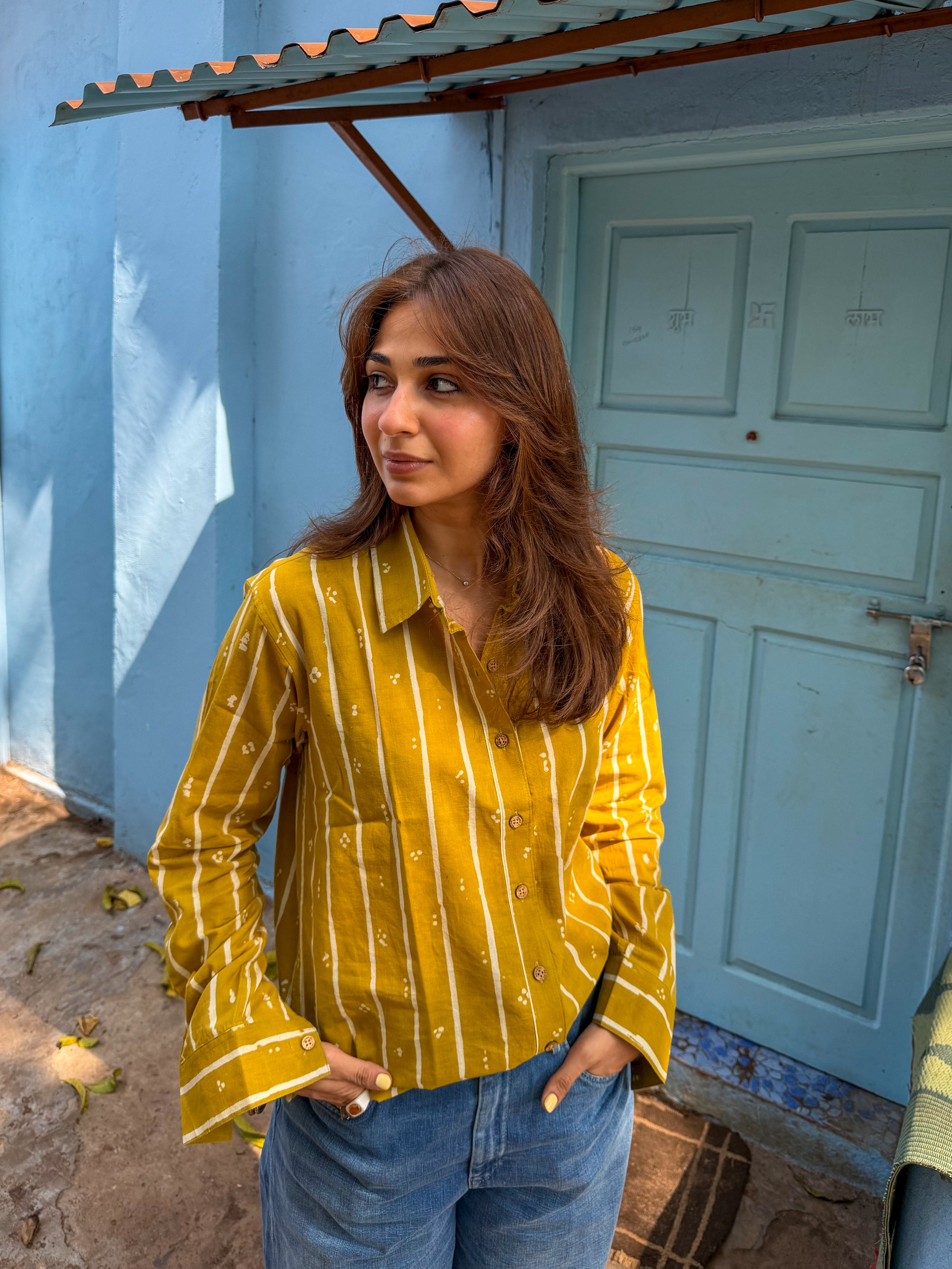 Yellow Bagru Stripe Handblock Cotton Shirt