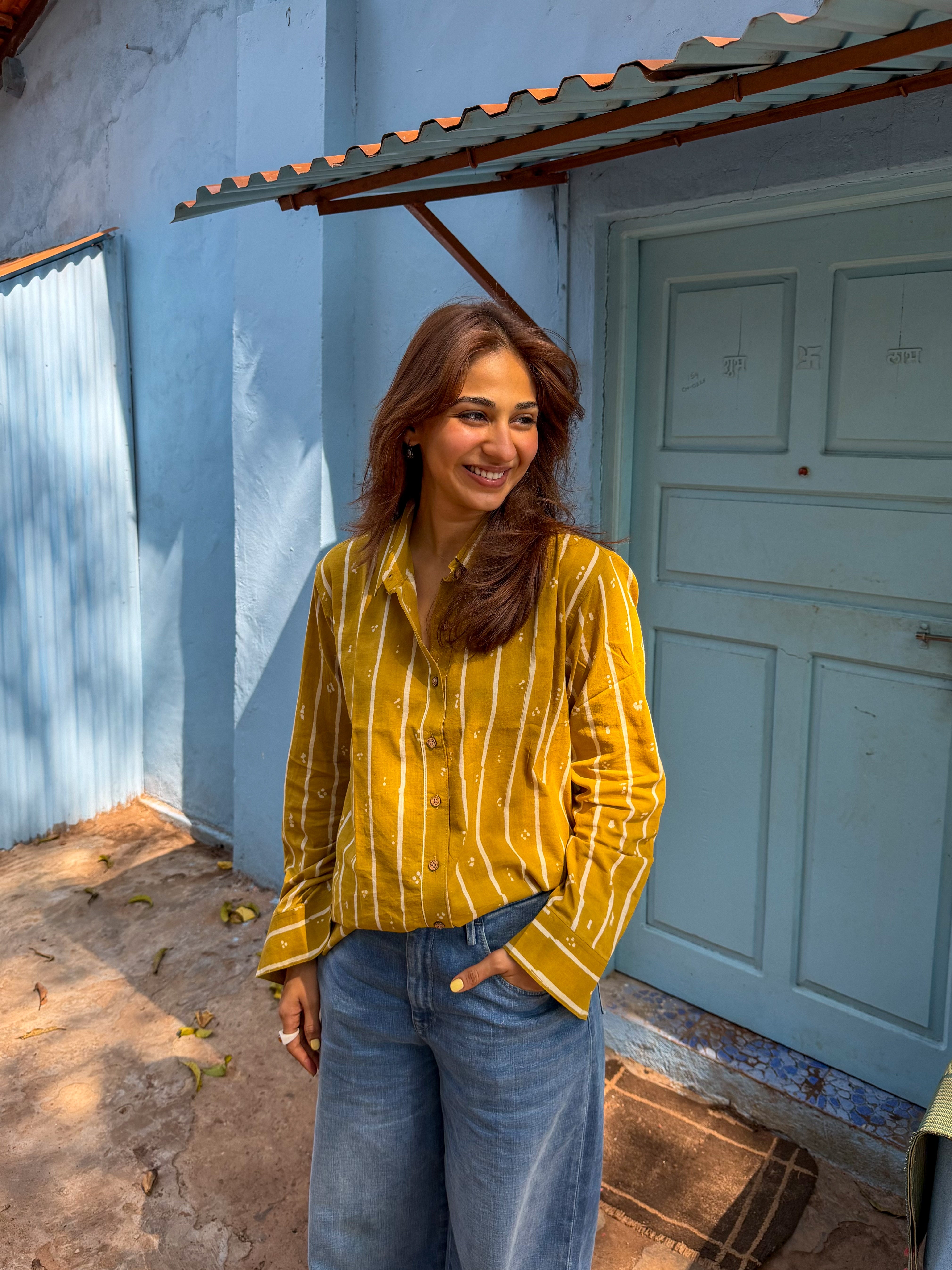 Yellow Bagru Stripe Handblock Cotton Shirt